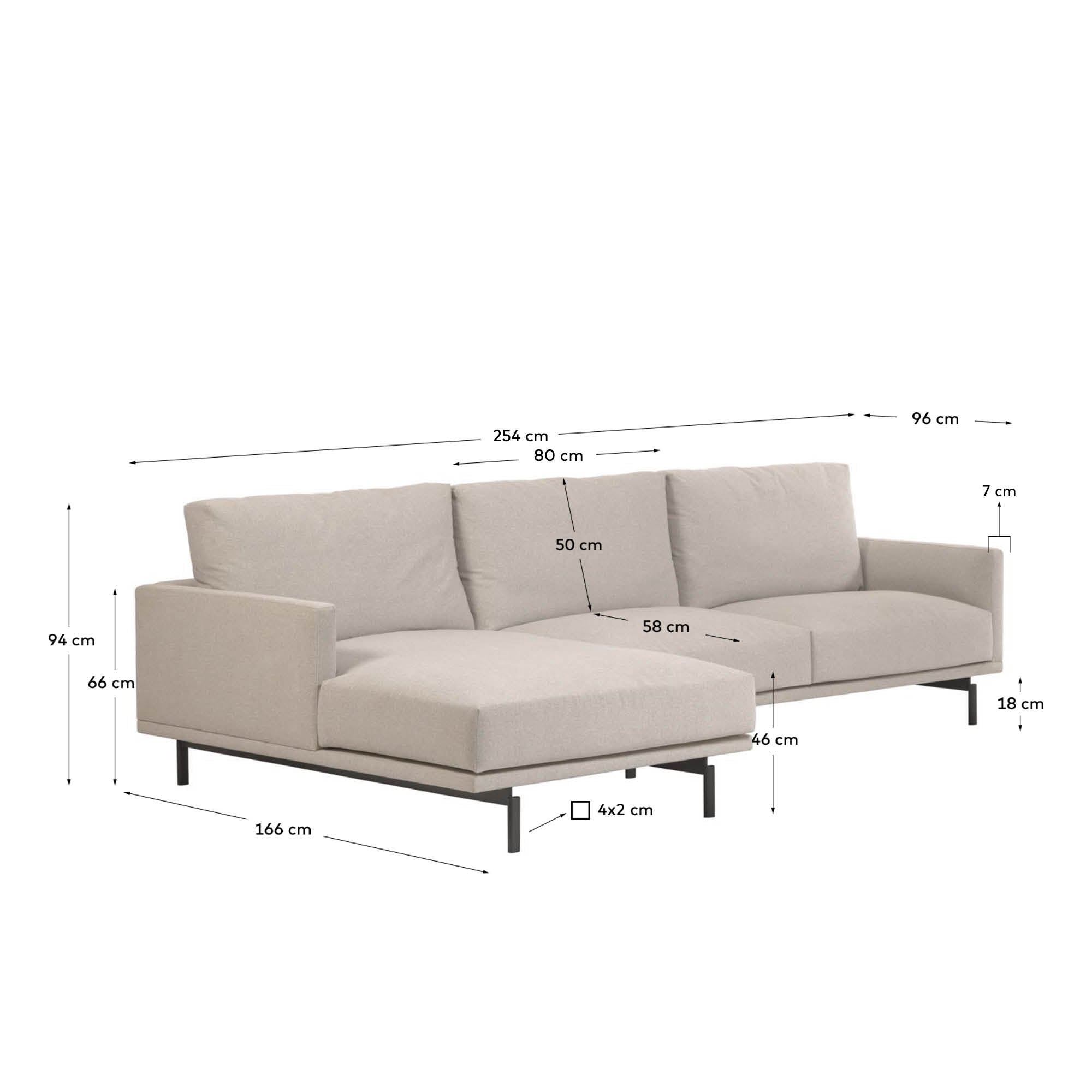 Galene 3 seater sofa with left-hand chaise longue in beige, 254 cm FSC Mix Credit - Measurements
