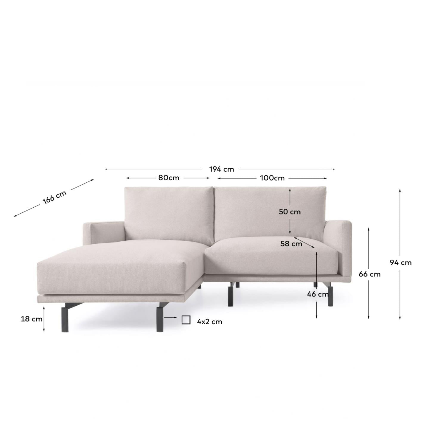 Galene 3 seater sofa with left-hand chaise longue in beige, 194 cm FSC Mix Credit - Measurements