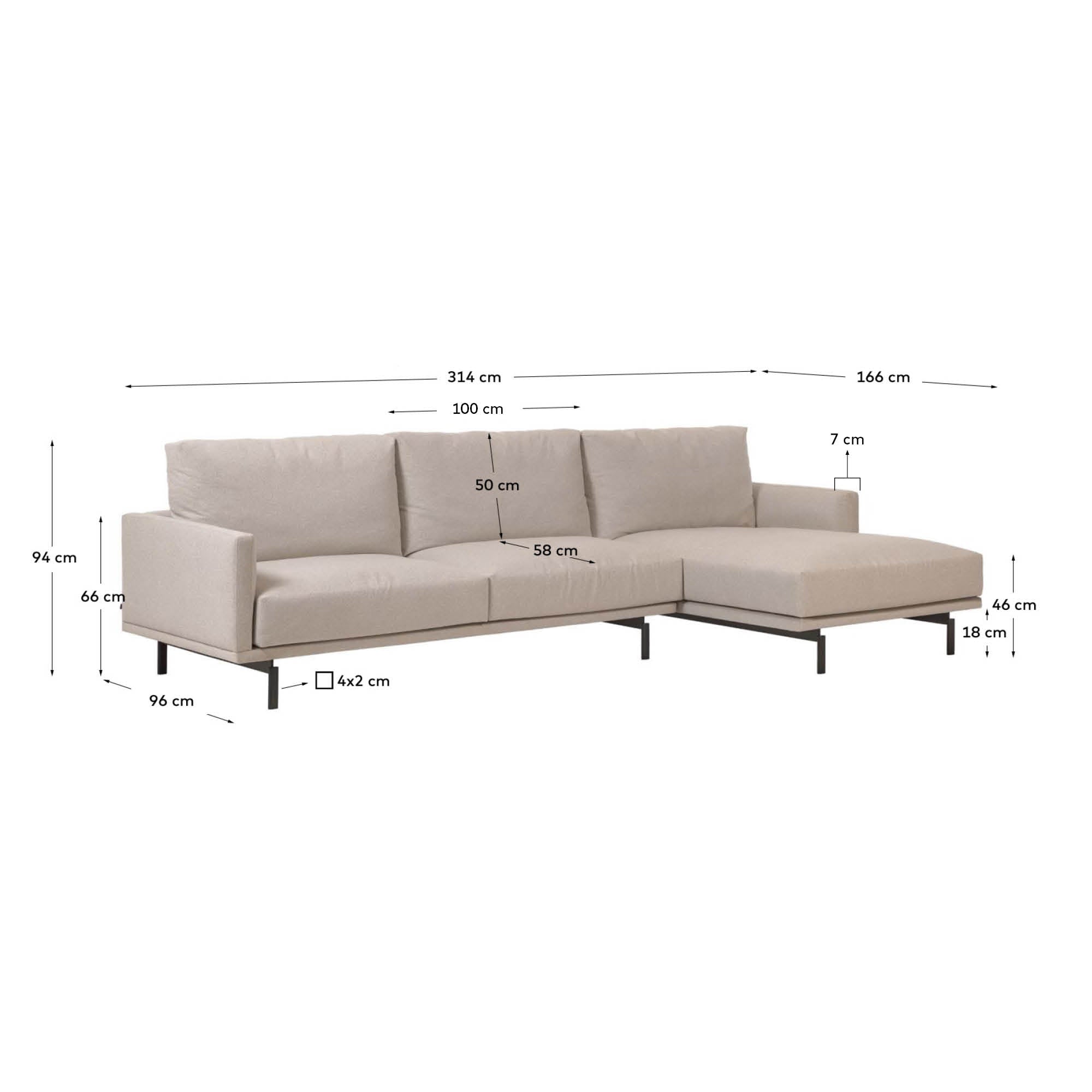 Galene 4 seater sofa with right-hand chaise longue in beige, 314 cm FSC Mix Credit - Measurements