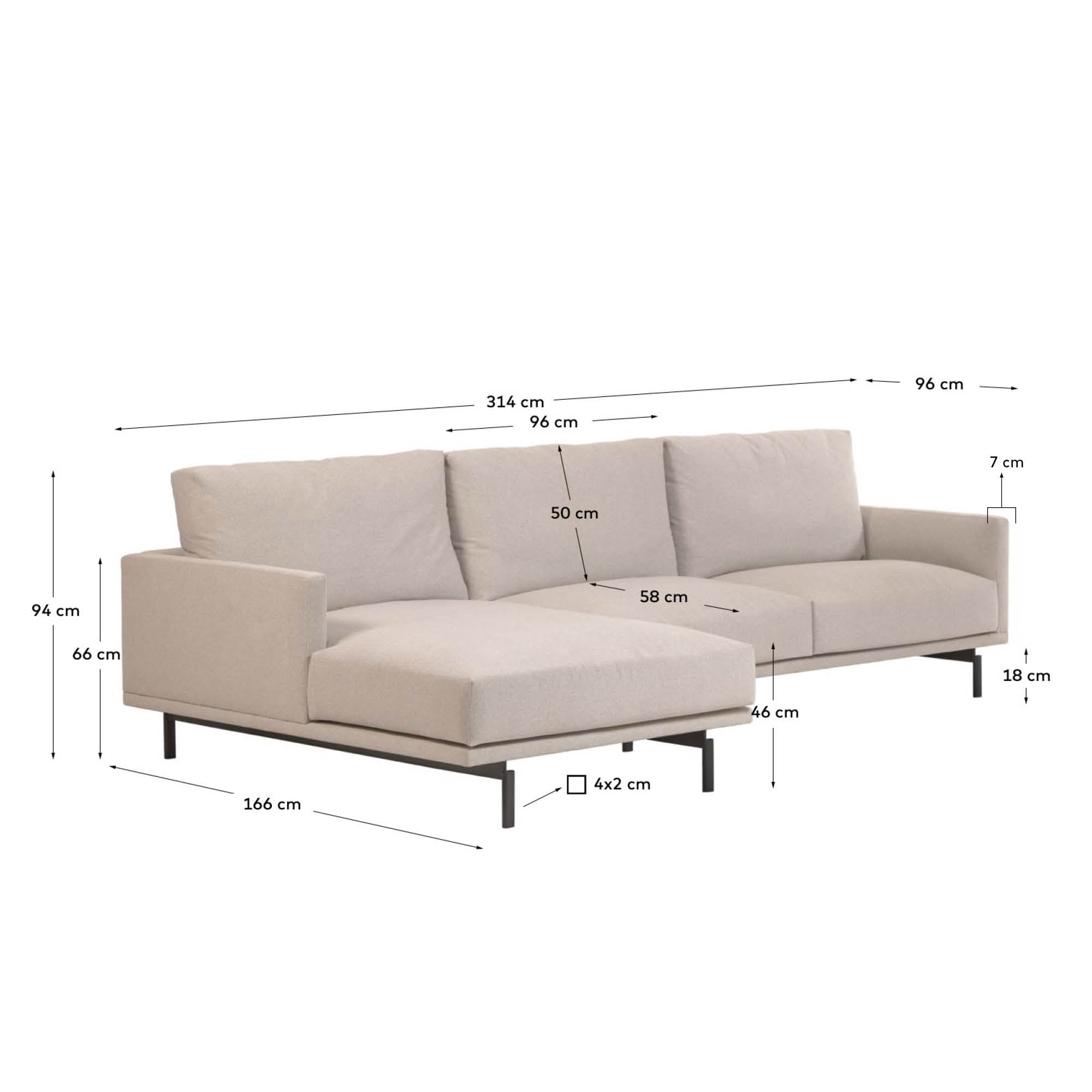 Galene 4 seater sofa with left-hand chaise longue in beige, 314 cm FSC Mix Credit - Measurements