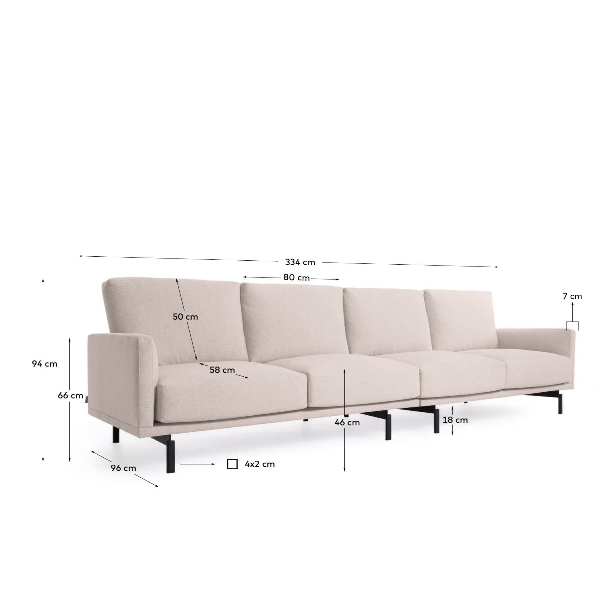 Galene 4 seater sofa in beige, 334 cm FSC Mix Credit - Measurements