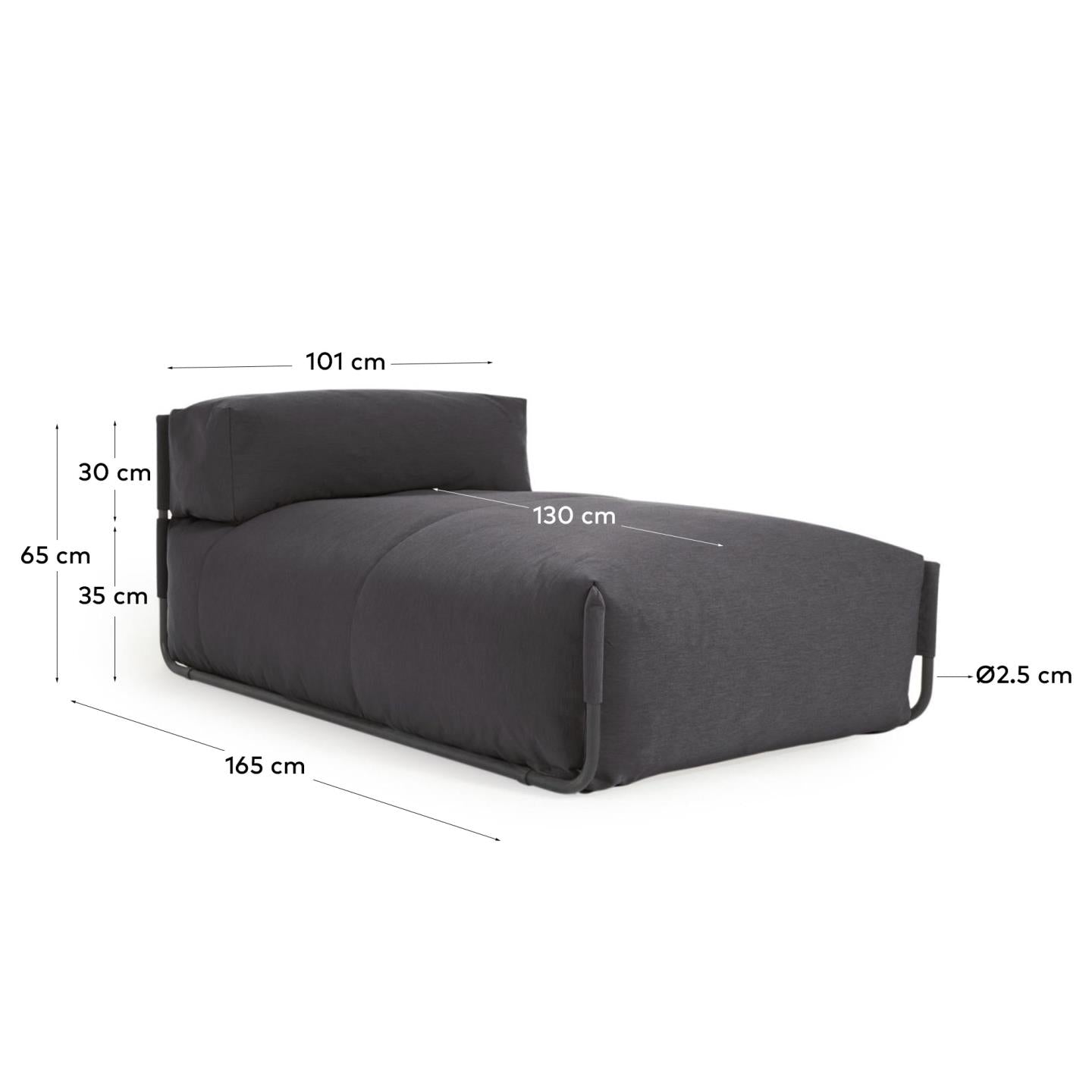 Square chaise longue pouffe with backrest in dark grey with black aluminium, 165 x 101 cm - Measurements