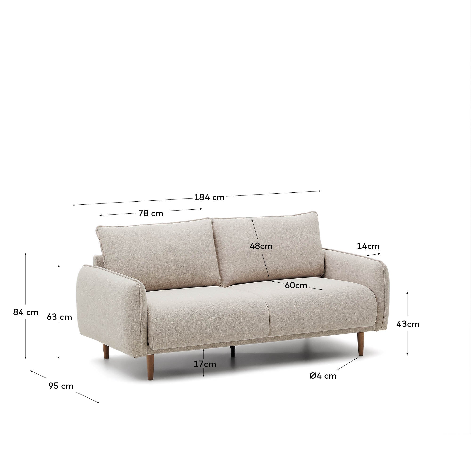 Carlota 2-seater sofa in beige, 184 cm FSC Mix Credit - Measurements