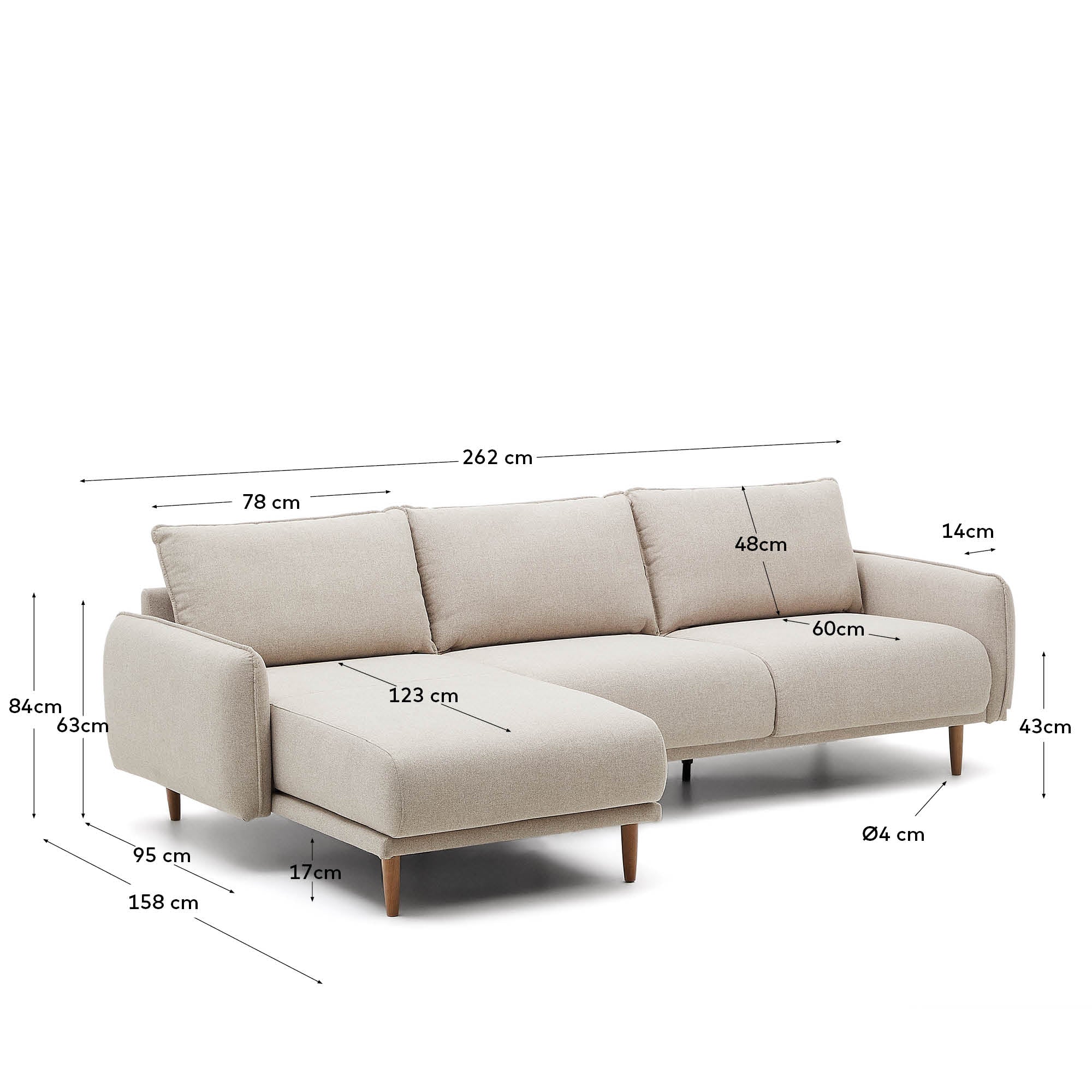 Carlota 3-seater sofa with left / right chaise longue in beige, 262 cm FSC Mix Credit - Measurements