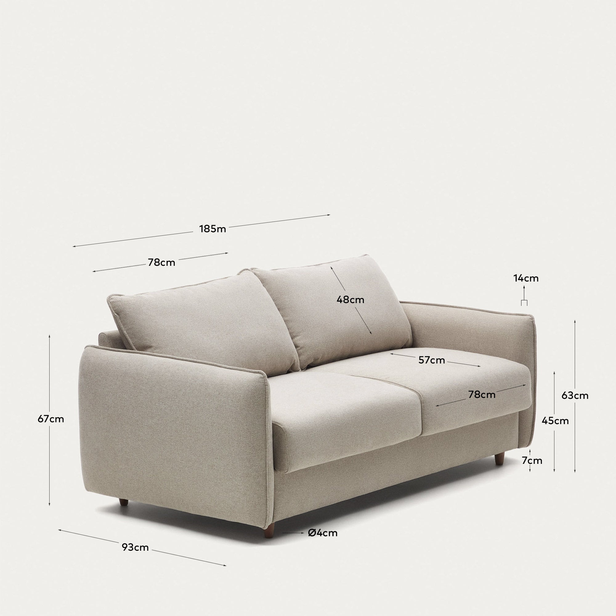 Carlota beige 2-seater sofa bed with solid beech wood legs 185cm FSC Mix Credit - Measurements