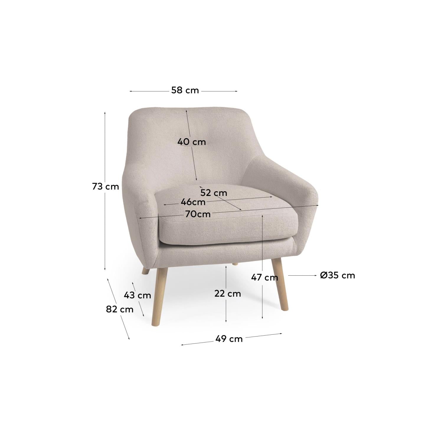 Candela armchair in grey micro bouclé FSC Mix Credit - Measurements