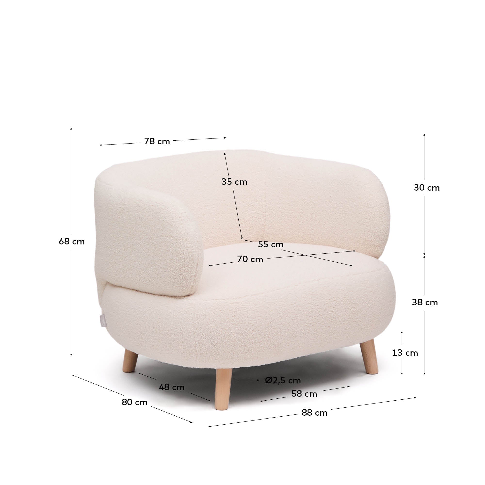 Luisa armchair in ecru boucle with solid beech wood legs 90 cm - Measurements