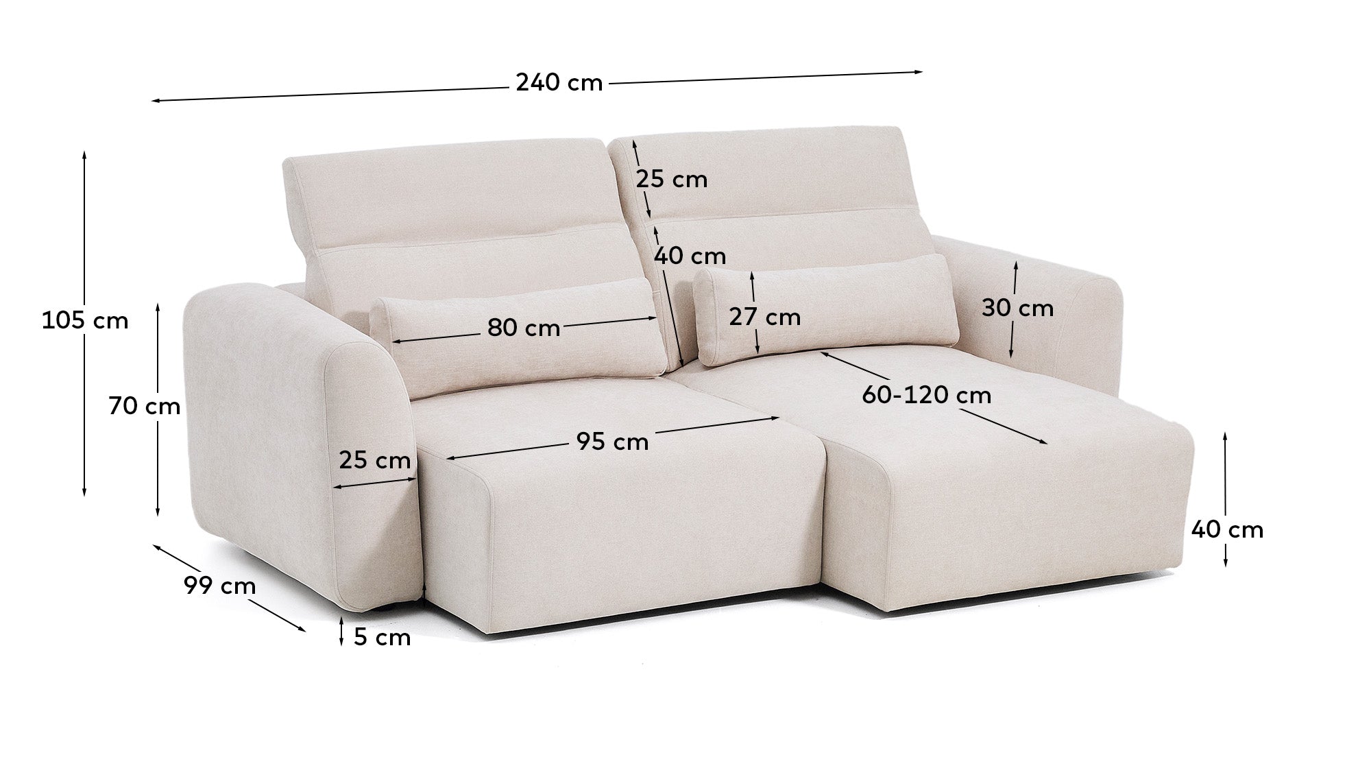 Lares 3-seater sofa with motorised sliding seats and reclining headrest in beige chenille 240cm - Measurements