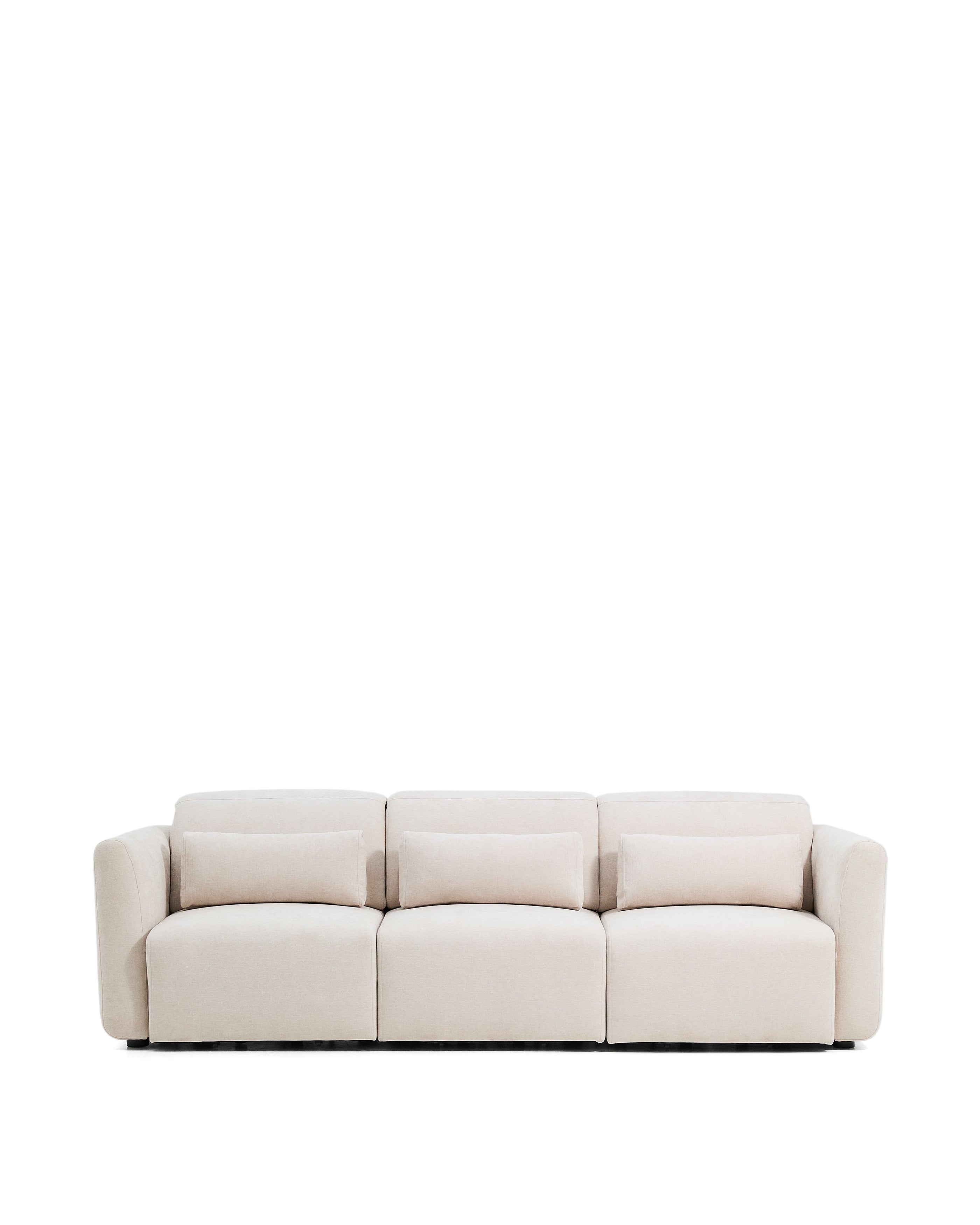 Lares 3-seater sofa with motorised sliding seats and reclining headrest in beige chenille 255cm - Product Image