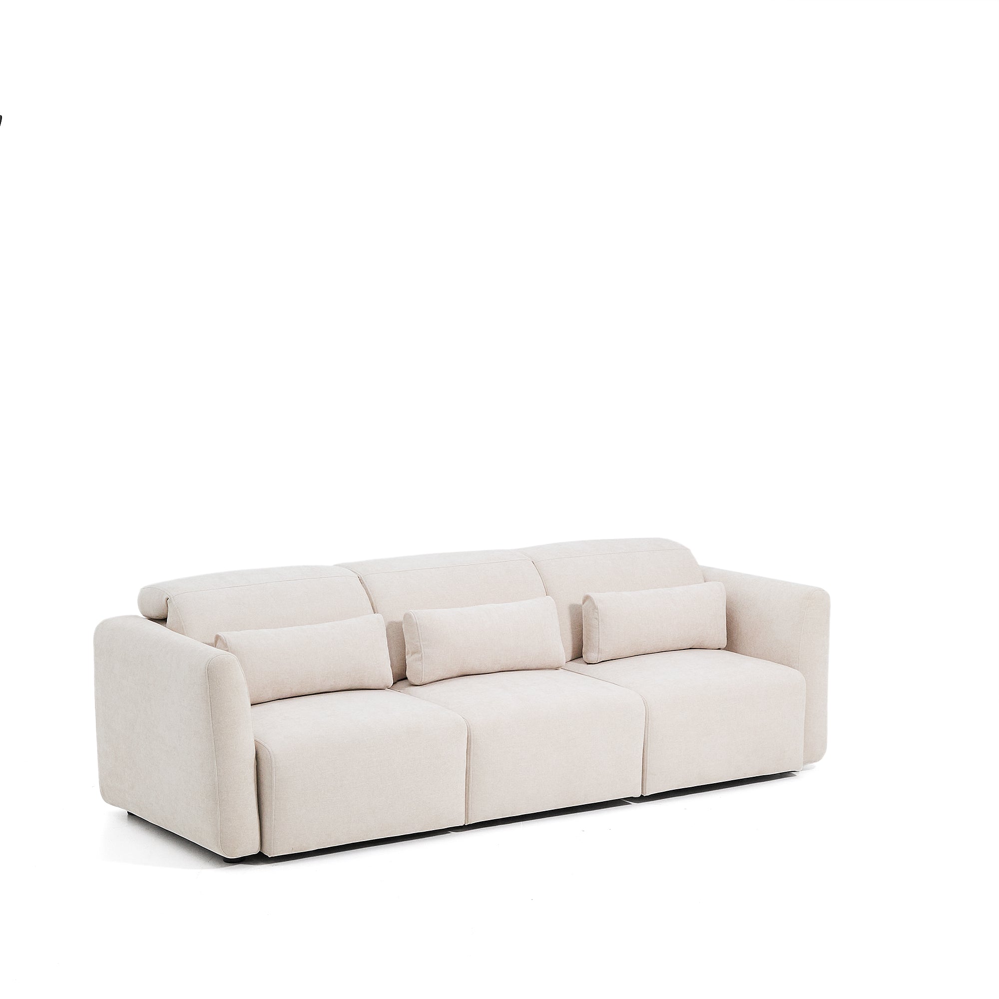 Lares 3-seater sofa with motorised sliding seats and reclining headrest in beige chenille 255cm - Product Image