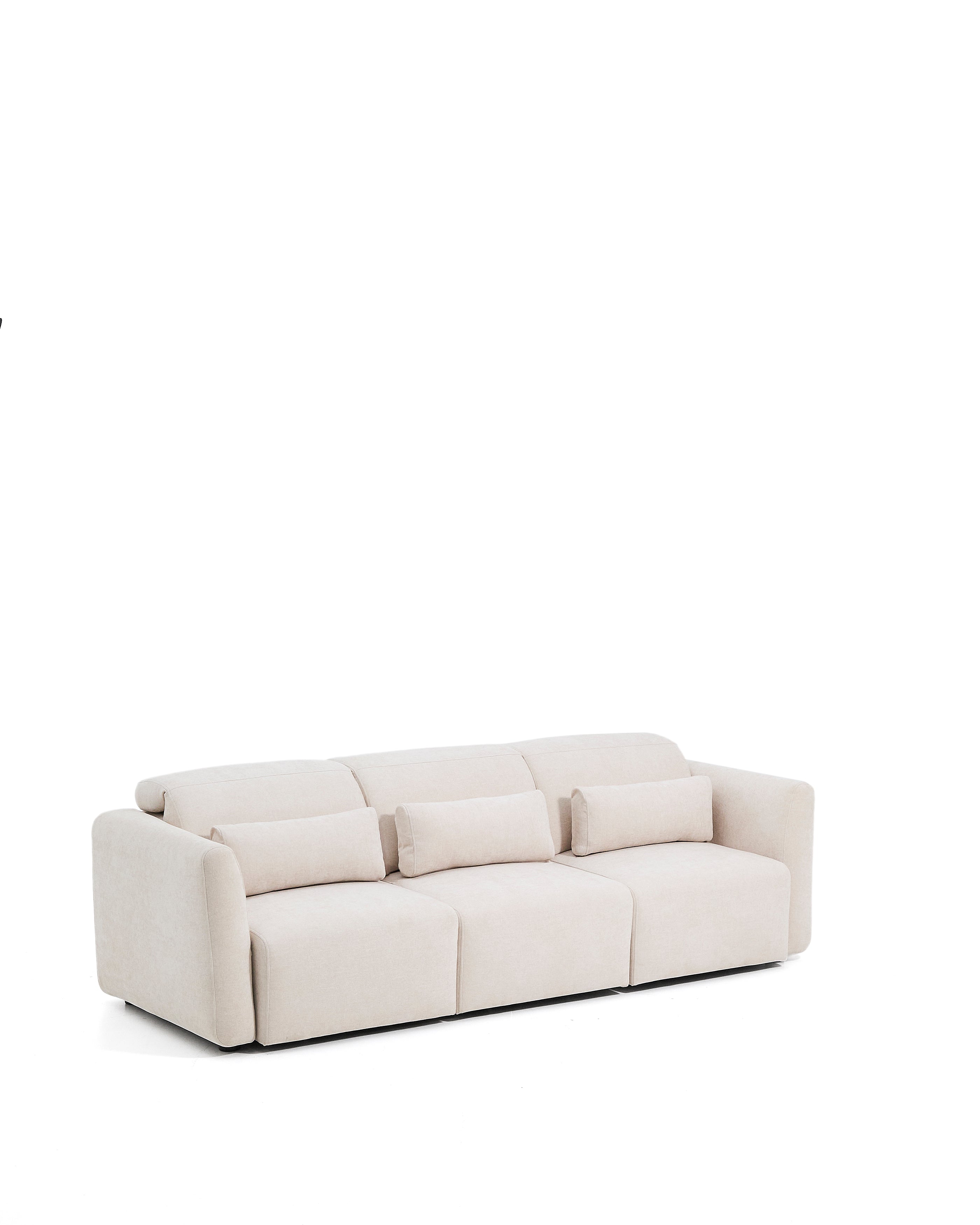 Lares 3-seater sofa with motorised sliding seats and reclining headrest in beige chenille 255cm - Product Image