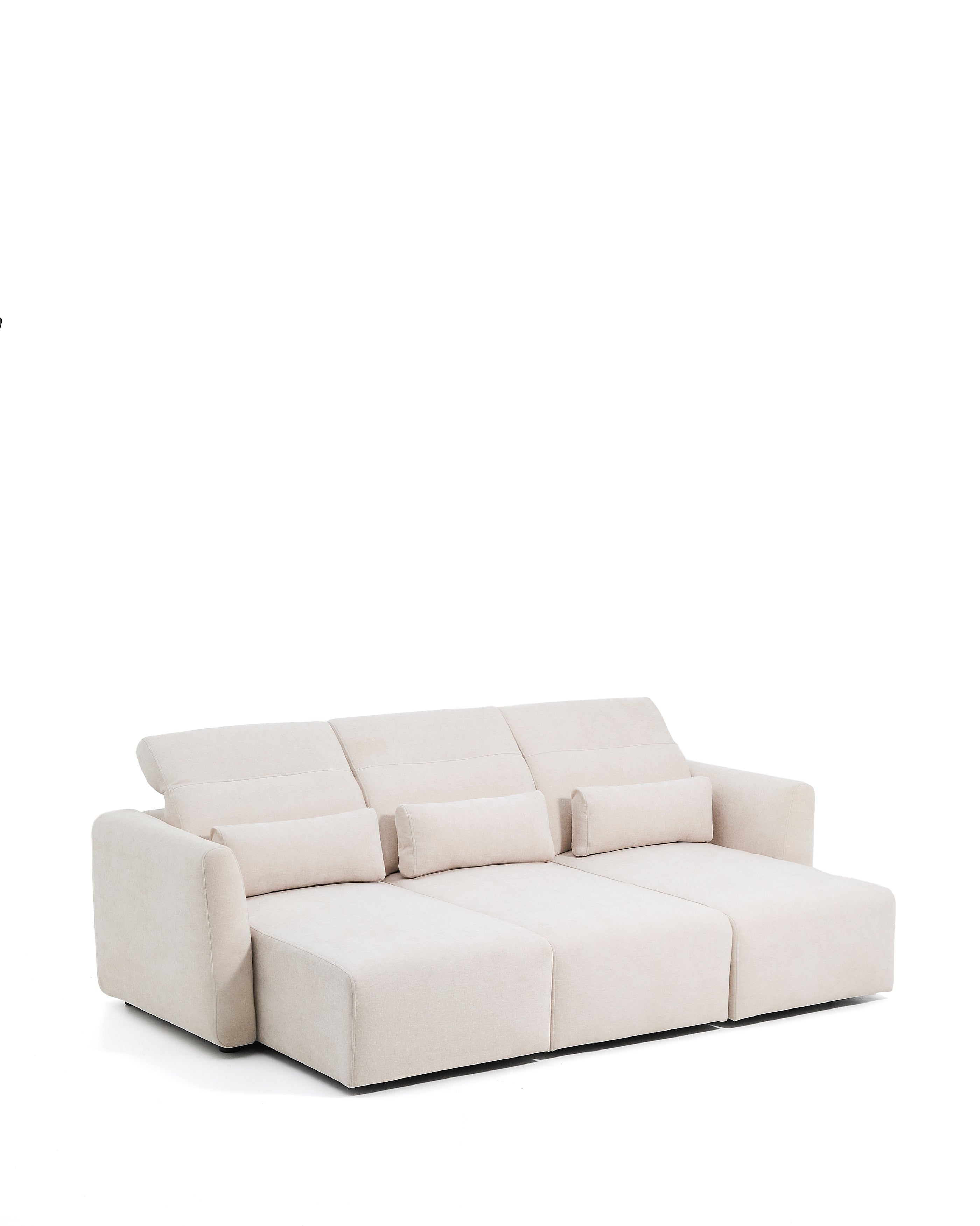 Lares 3-seater sofa with motorised sliding seats and reclining headrest in beige chenille 255cm - Product Image