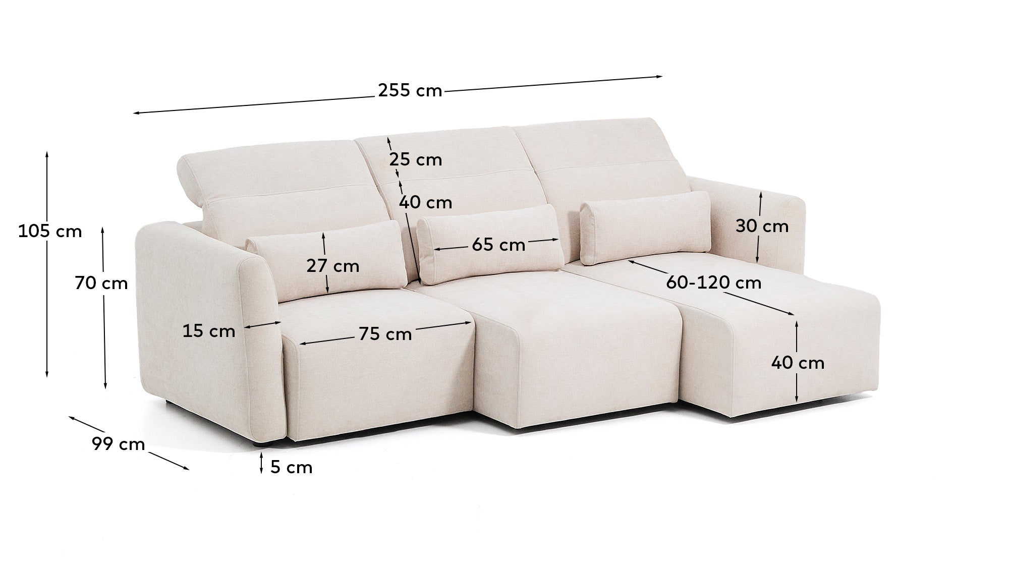 Lares 3-seater sofa with motorised sliding seats and reclining headrest in beige chenille 255cm - Measurements