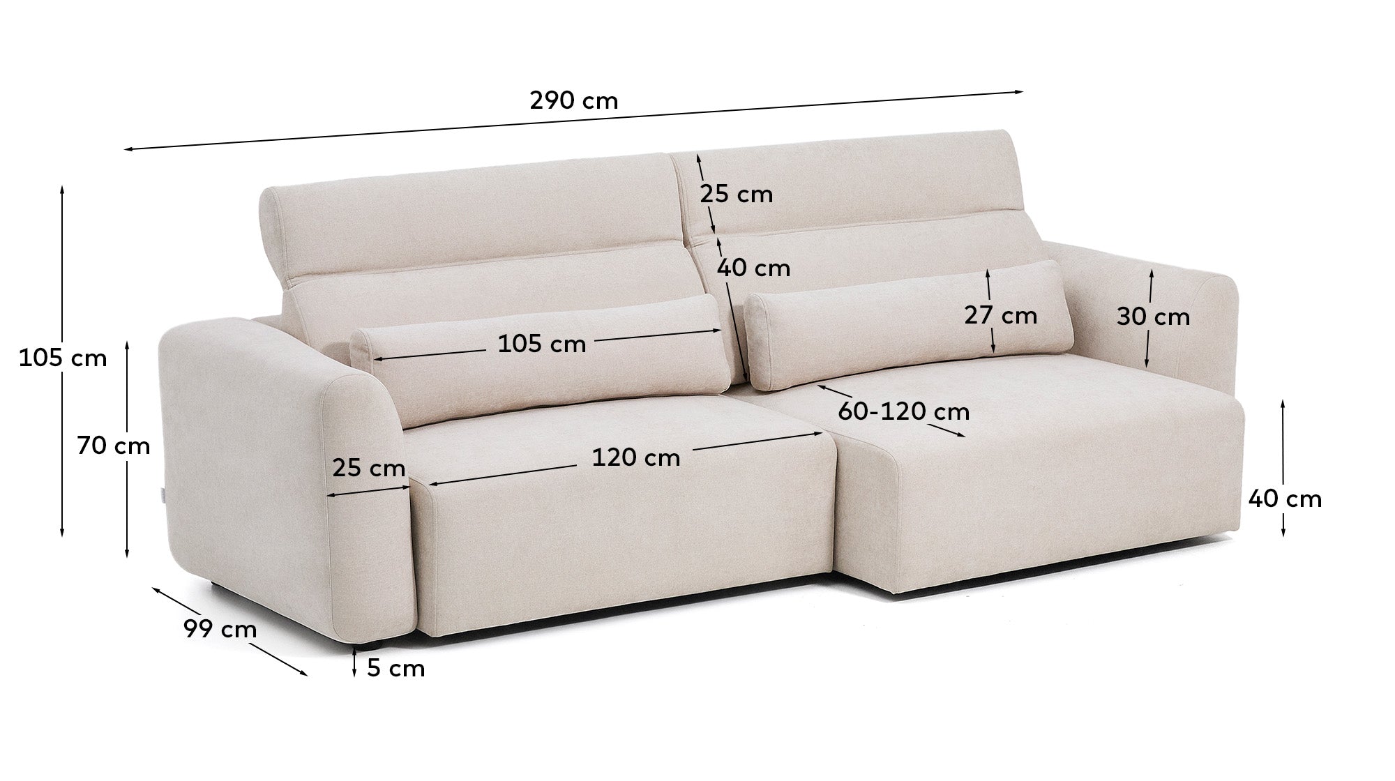 Lares 4-seater sofa with motorised sliding seats and reclining headrest in beige chenille 290cm - Measurements