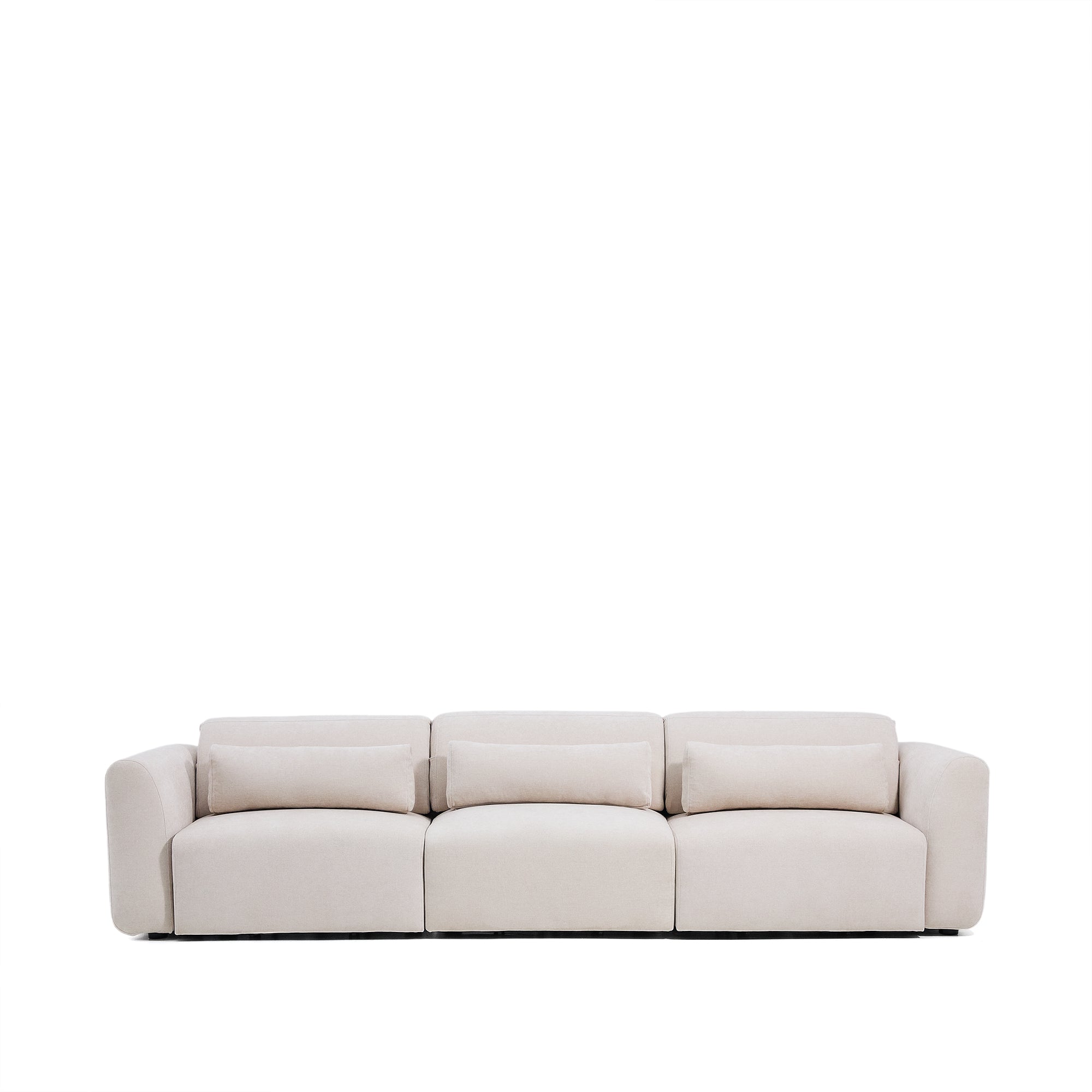 Lares 5-seater sofa with motorised sliding seats and reclining headrest in beige chenille 335cm - Product Image