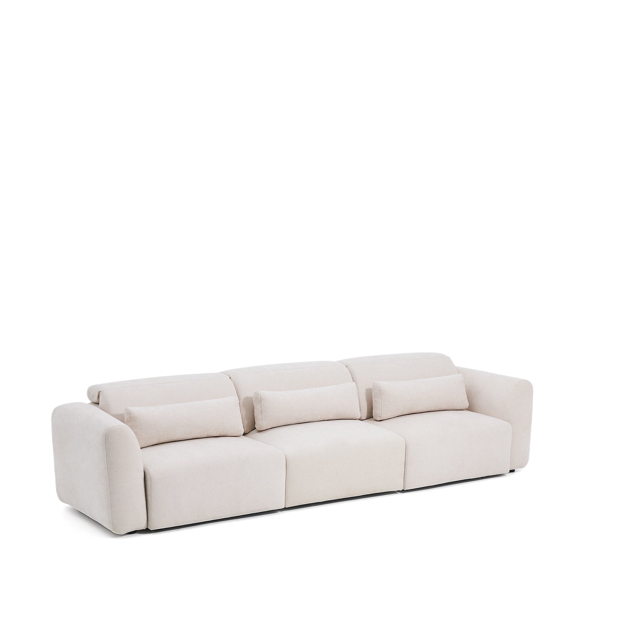 Lares 5-seater sofa with motorised sliding seats and reclining headrest in beige chenille 335cm - Product Image