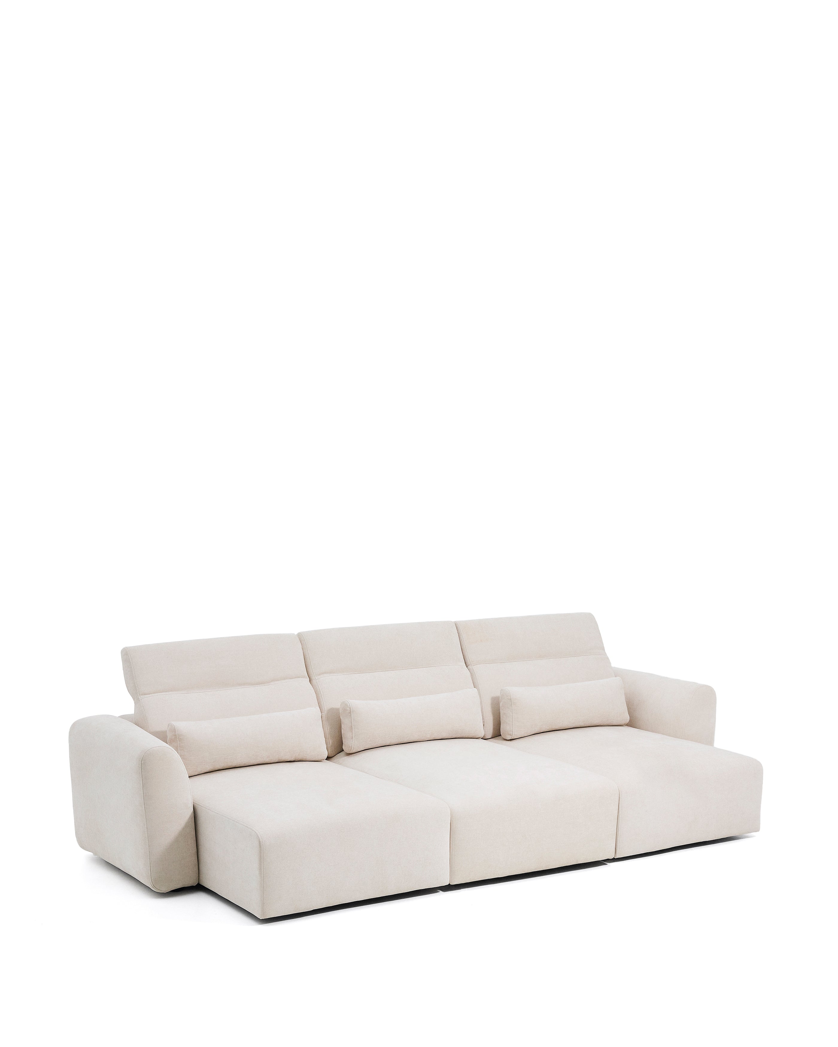 Lares 5-seater sofa with motorised sliding seats and reclining headrest in beige chenille 335cm - Product Image