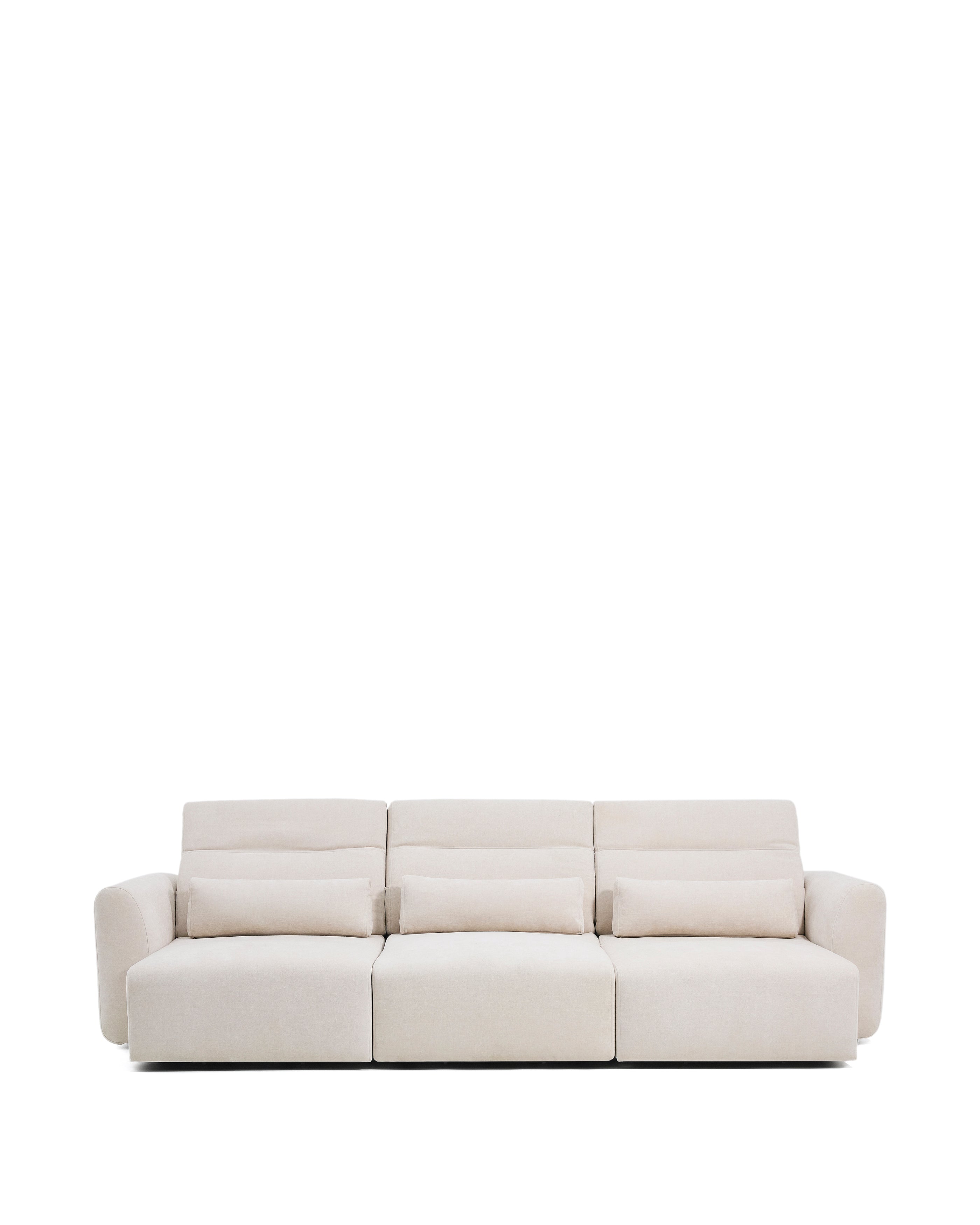 Lares 5-seater sofa with motorised sliding seats and reclining headrest in beige chenille 335cm - Product Image