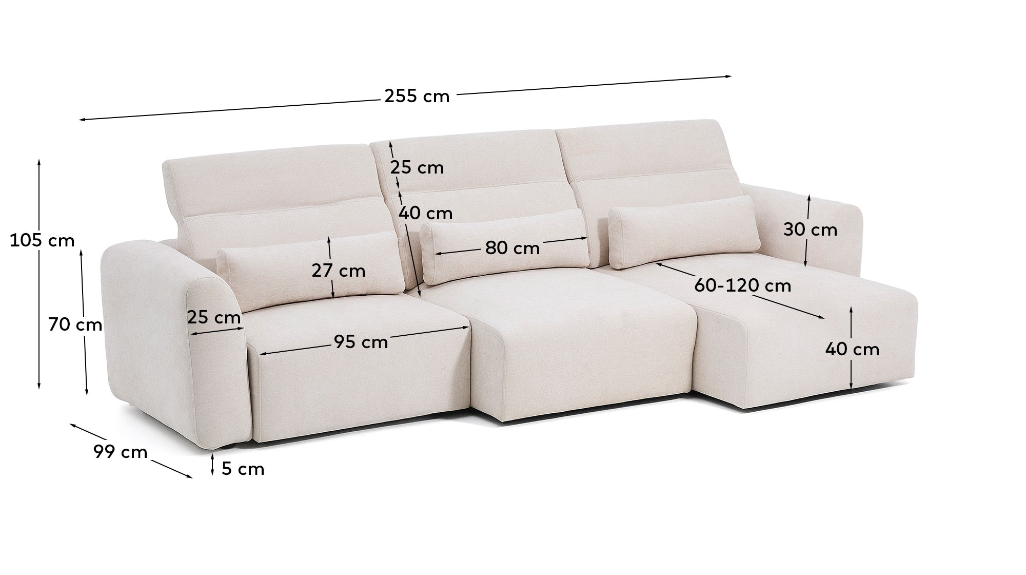 Lares 5-seater sofa with motorised sliding seats and reclining headrest in beige chenille 335cm - Measurements
