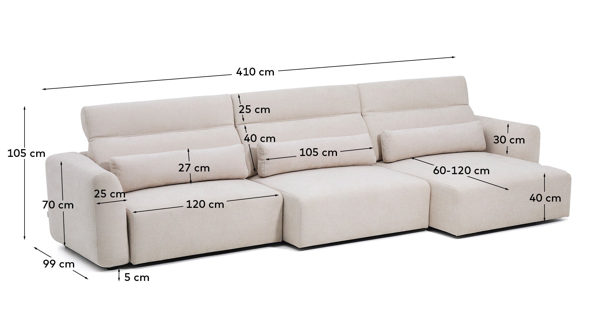 Lares 6-seater sofa with motorised sliding seats and reclining headrest in beige chenille 410cm - Measurements