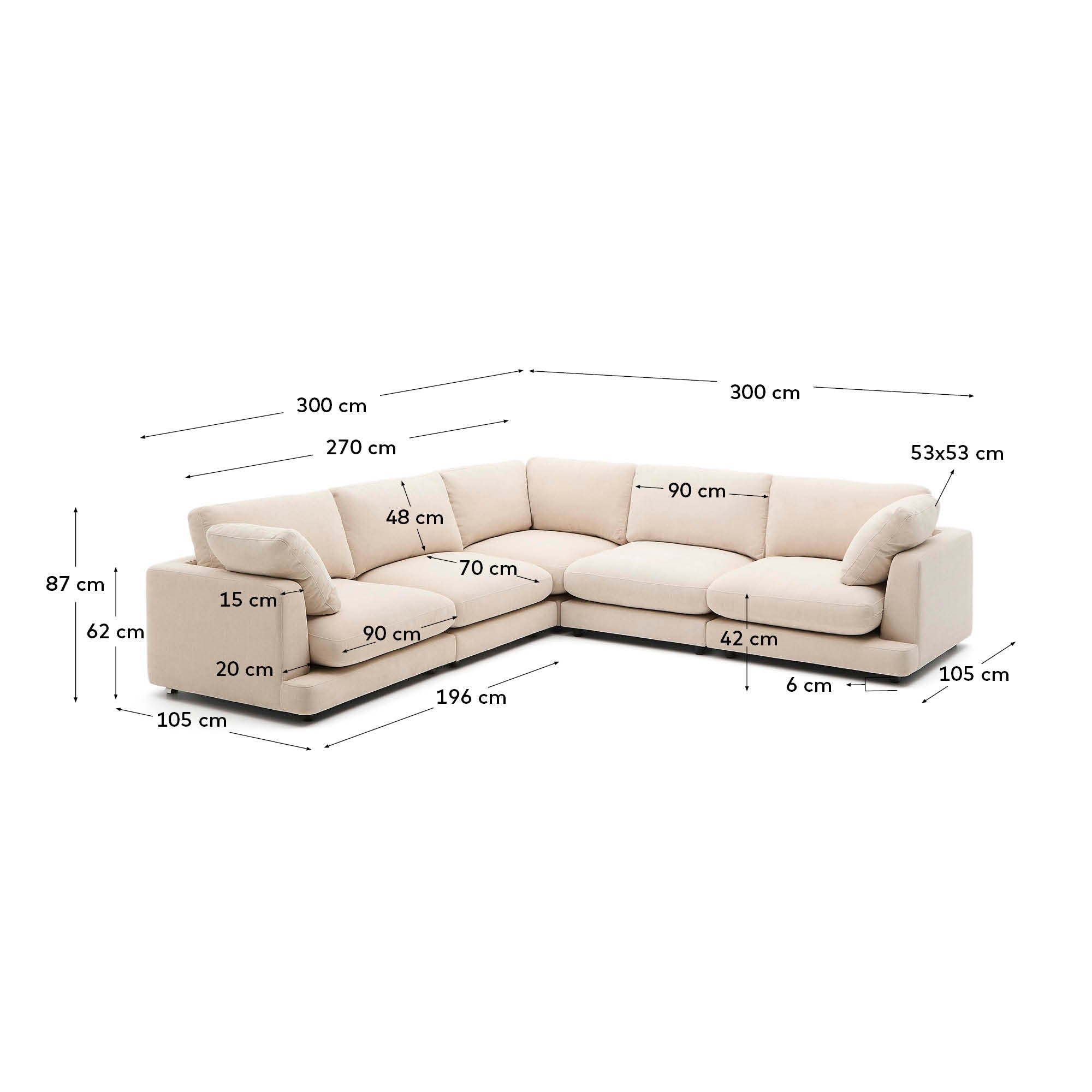 Gala 6-seater corner sofa in beige chenille FSC Mix Credit 300 x 300cm - Measurements