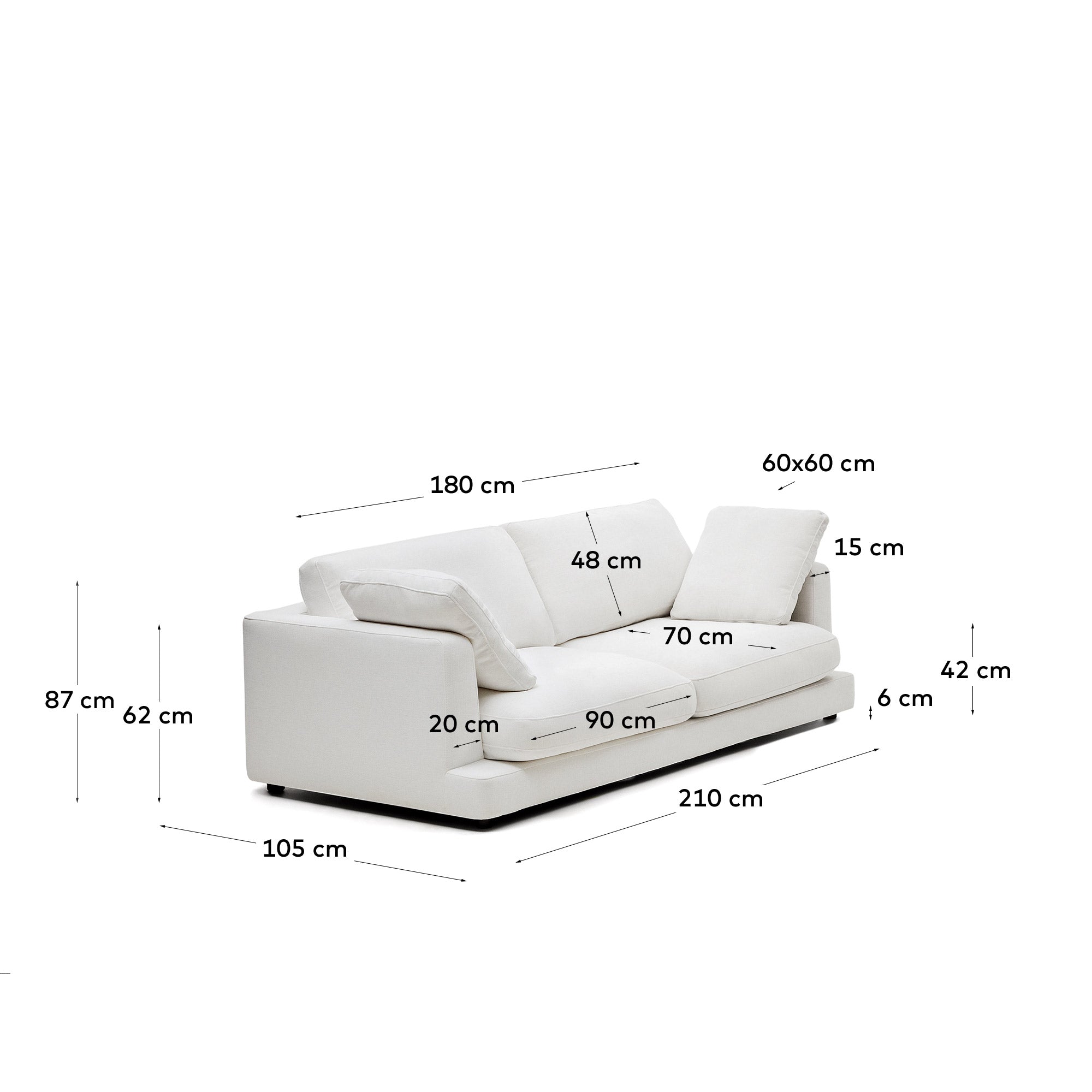 Gala 3-seater white chenille sofa FSC Mix Credit 210cm - Measurements