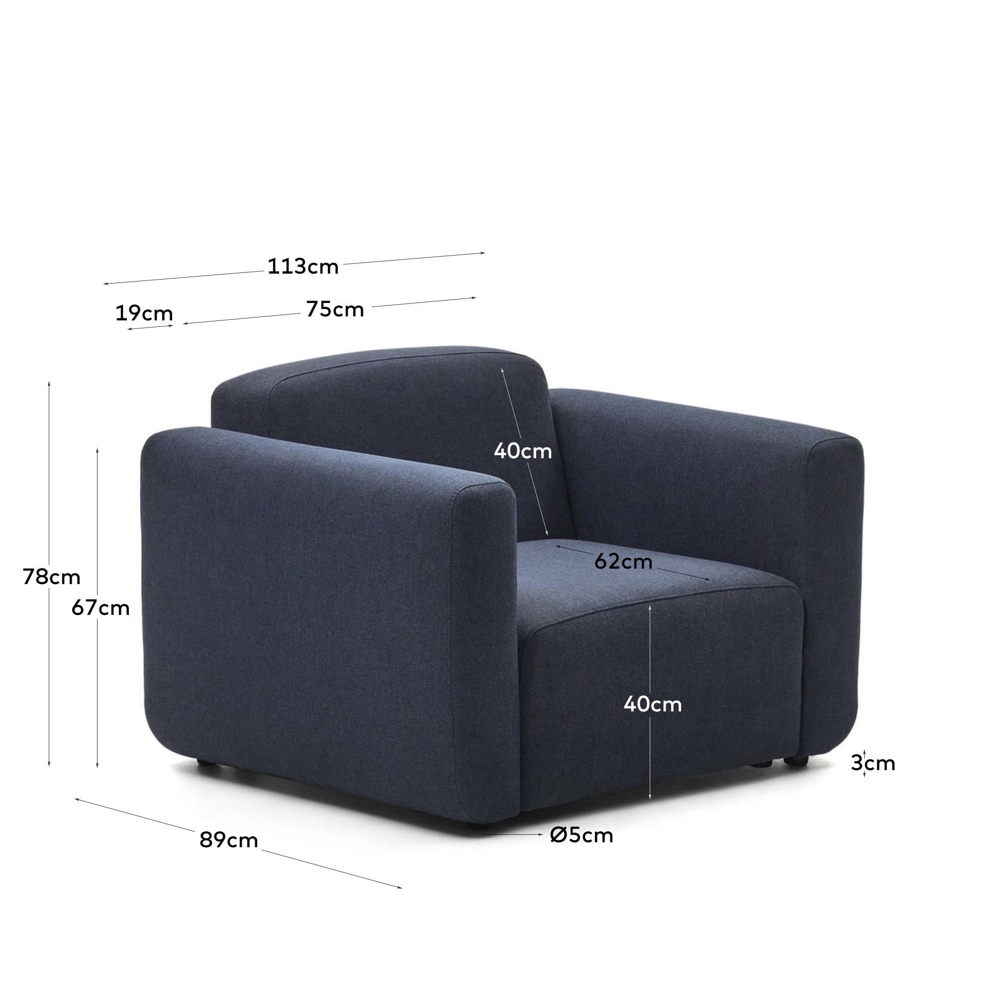 Neom modular armchair in blue FSC Mix Credit - Measurements