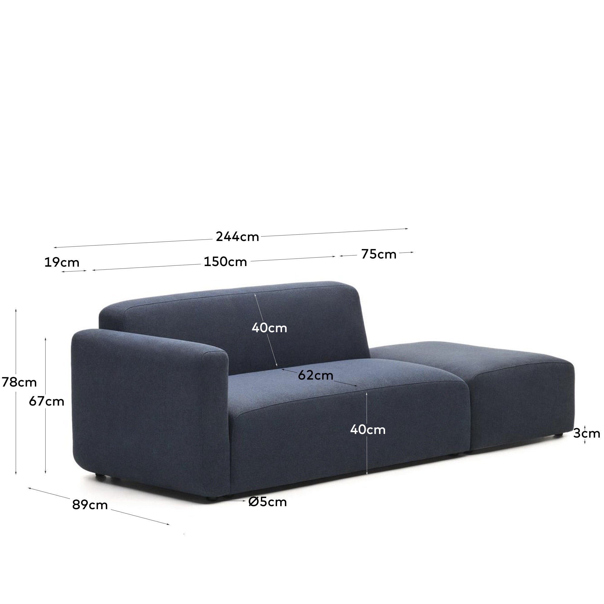 Neom 2 seater modular sofa with back module in blue, 244 cm FSC Mix Credit - Measurements