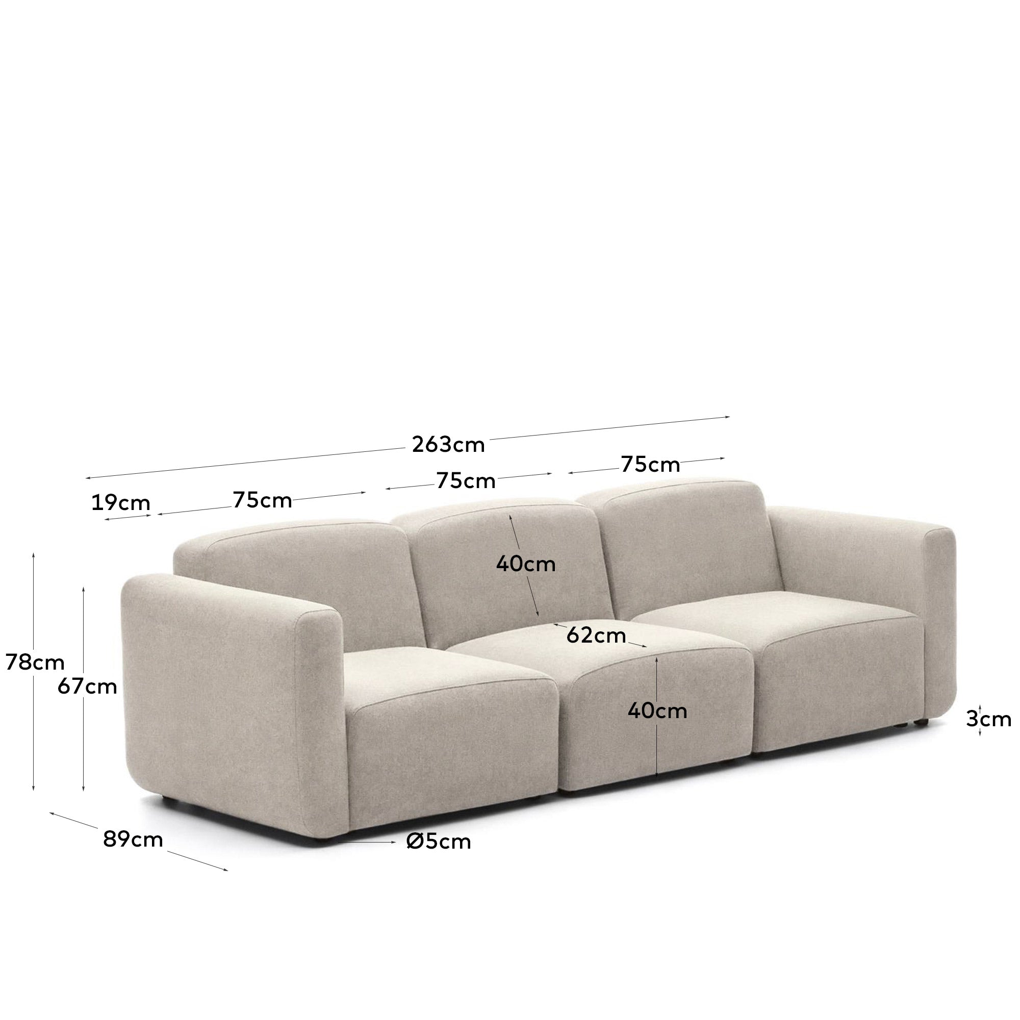 Neom 3 seater modular sofa in beige, 263 cm FSC Mix Credit - Measurements