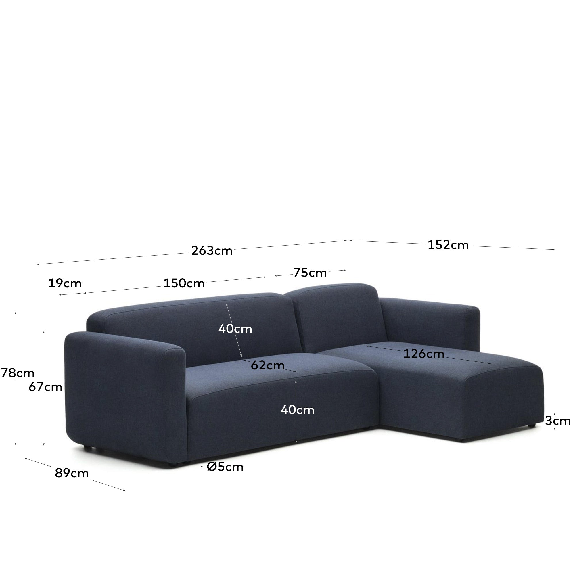 Neom 3 seater modular sofa, right/left chaise longue in blue, 263 cm FSC Mix Credit - Measurements