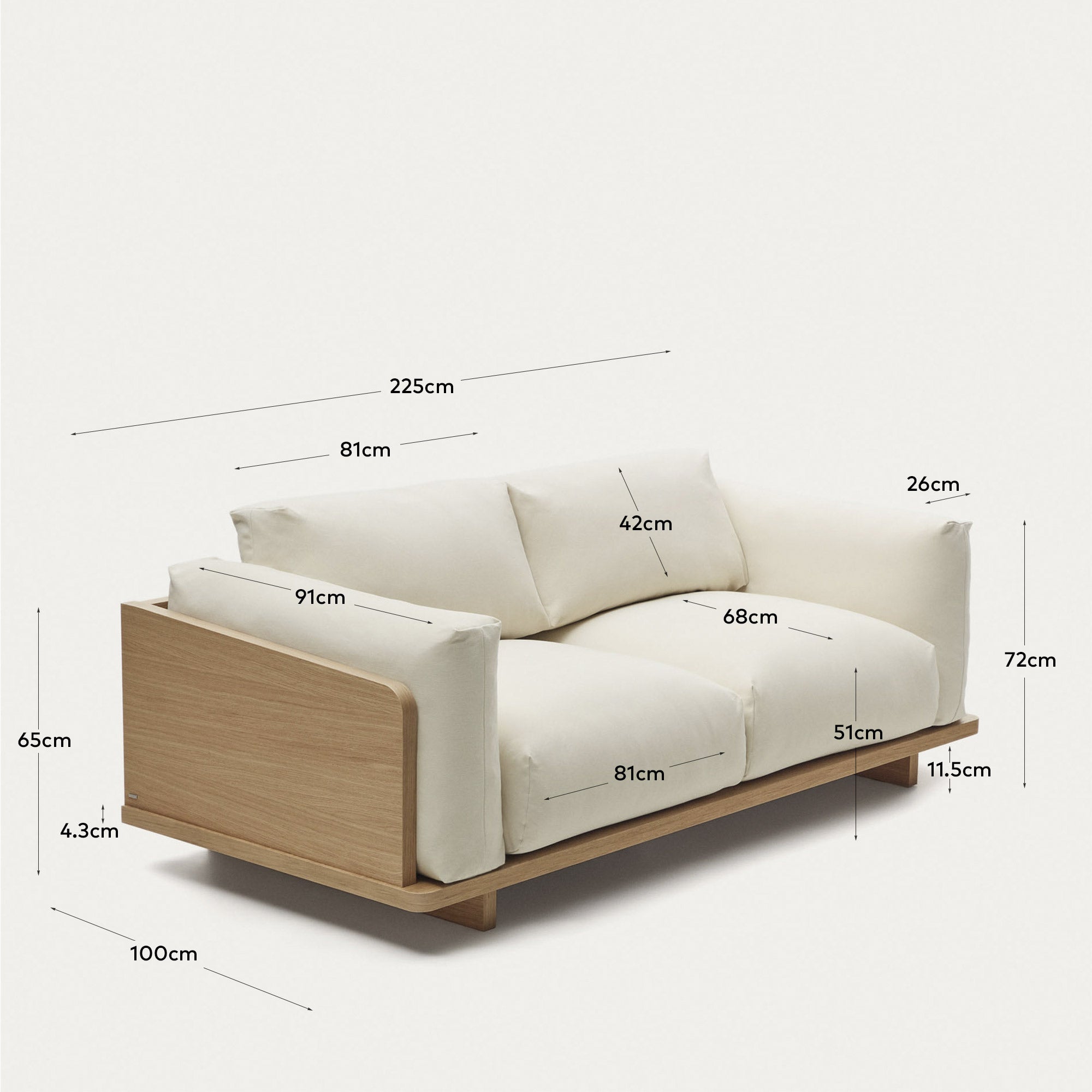 Oaq 3 seater sofa in beige, 225 cm FSC Mix Credit - Measurements