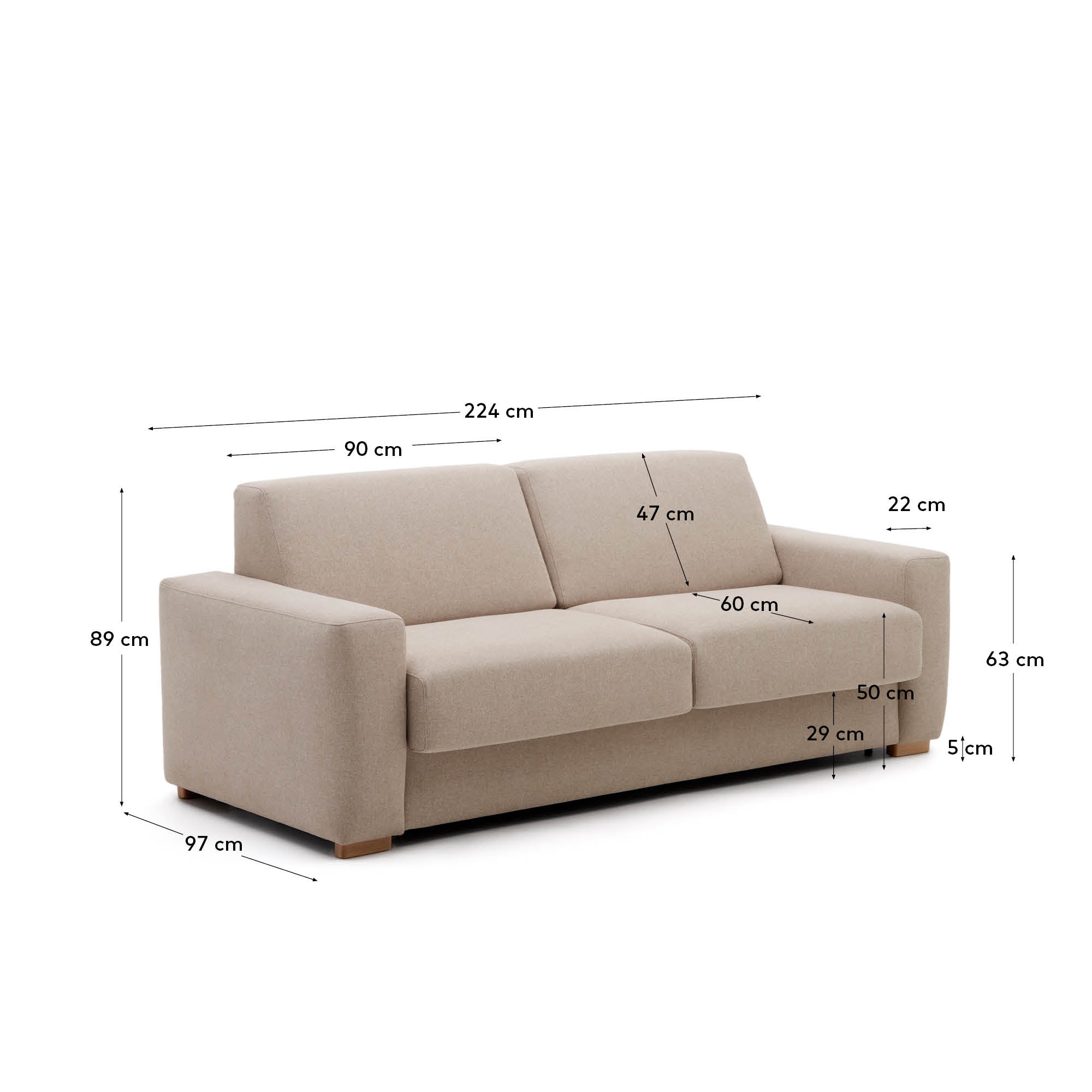 Anley beige 3-seater sofa bed with solid beech wood legs 224cm FSC Mix Credit - Measurements