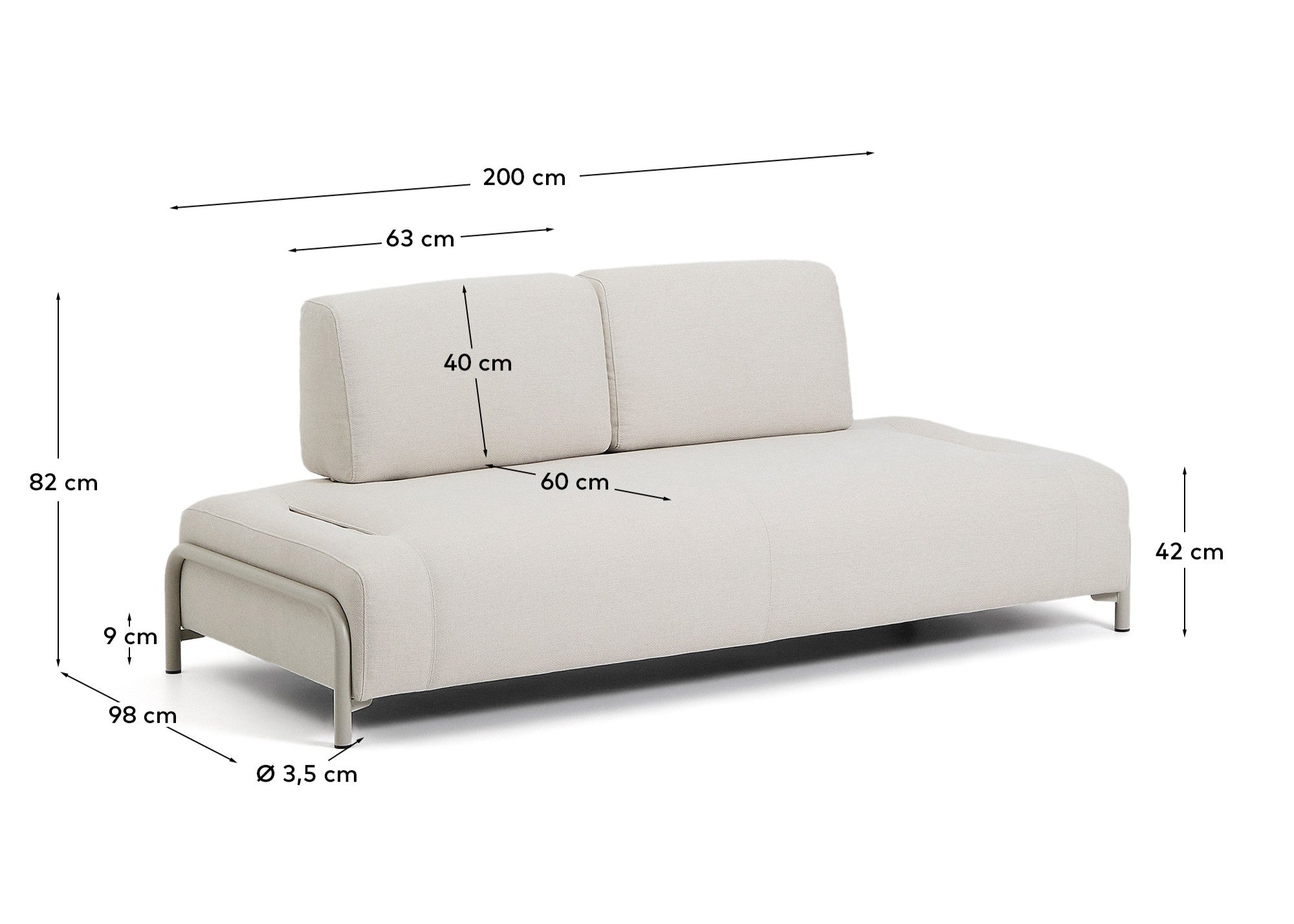 Compo 2-seater module in ecru chenille with beige metal frame 200 cm FSC Mix Credit - Measurements