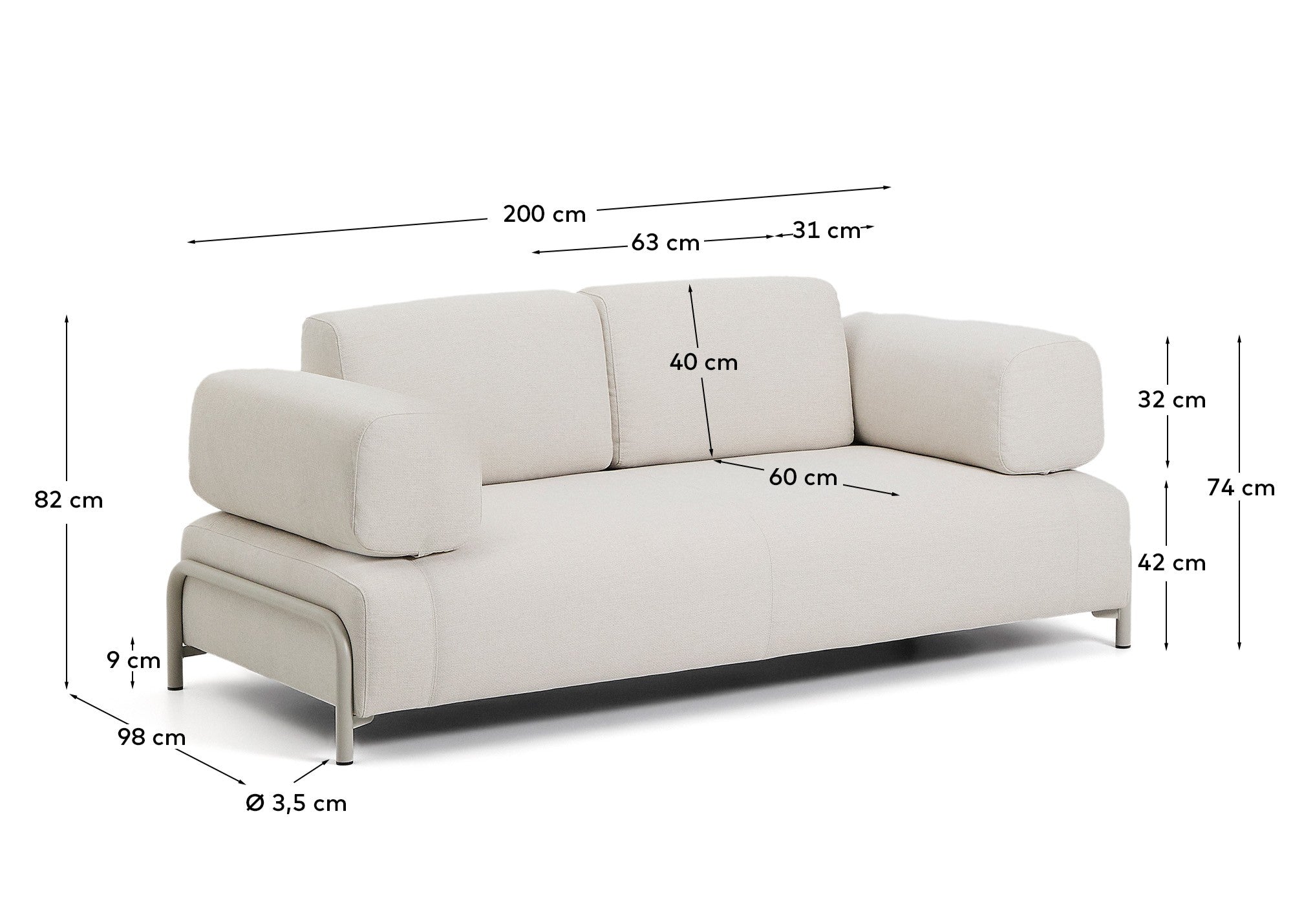 Compo 2-seater sofa in ecru chenille with beige metal frame 200 cm FSC Mix Credit - Measurements