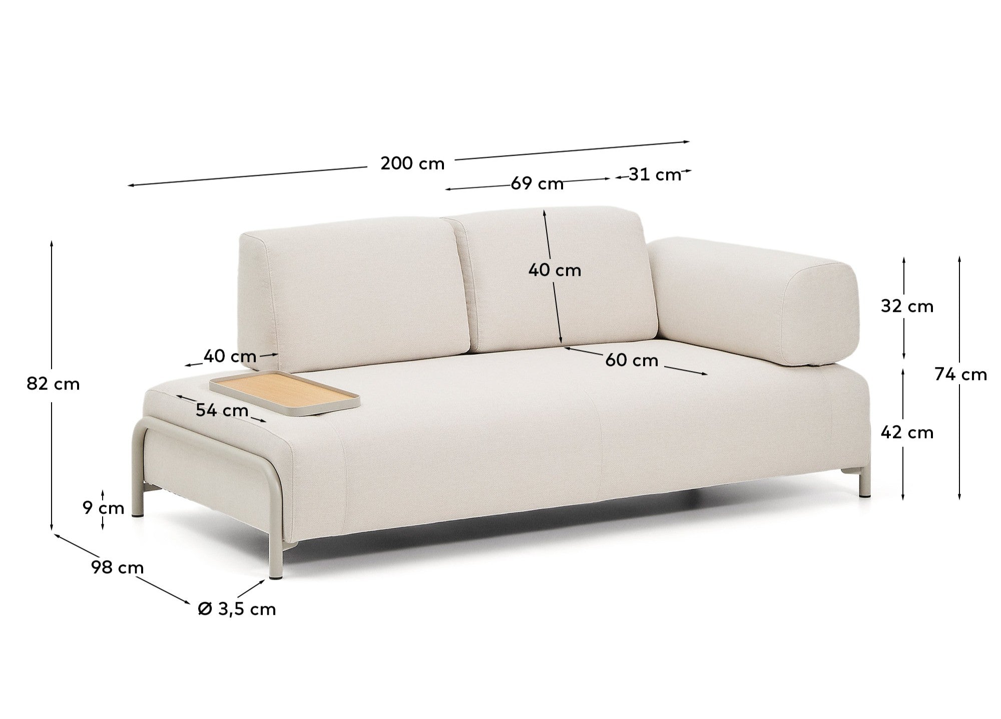 Compo 2-seater sofa in ecru chenille, small oak veneer tray table and beige metal frame 200 cm FSC Mix Credit - Measurements