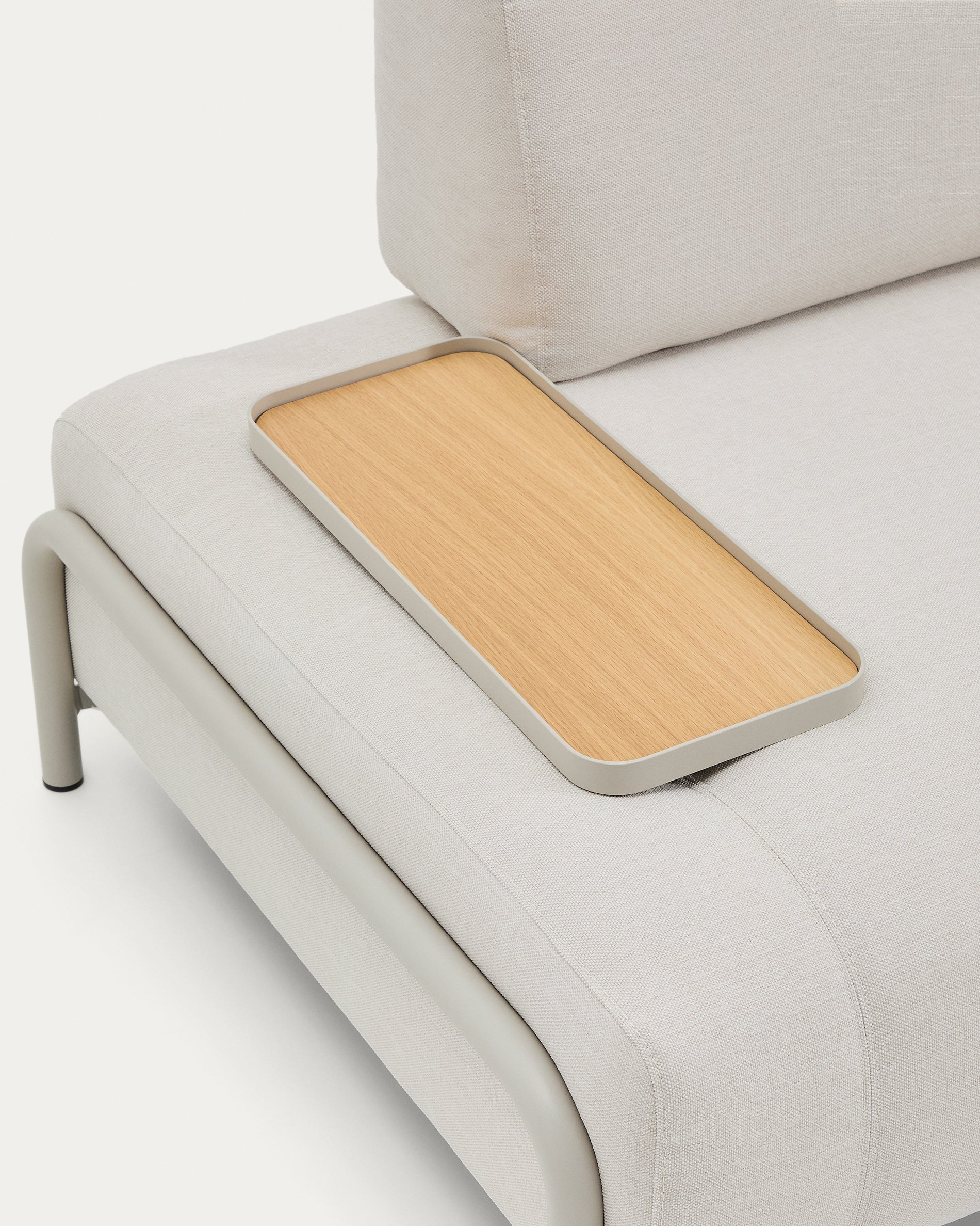 Compo 2-seater sofa in ecru chenille, small oak veneer tray table and beige metal frame 200 cm FSC Mix Credit - Detail