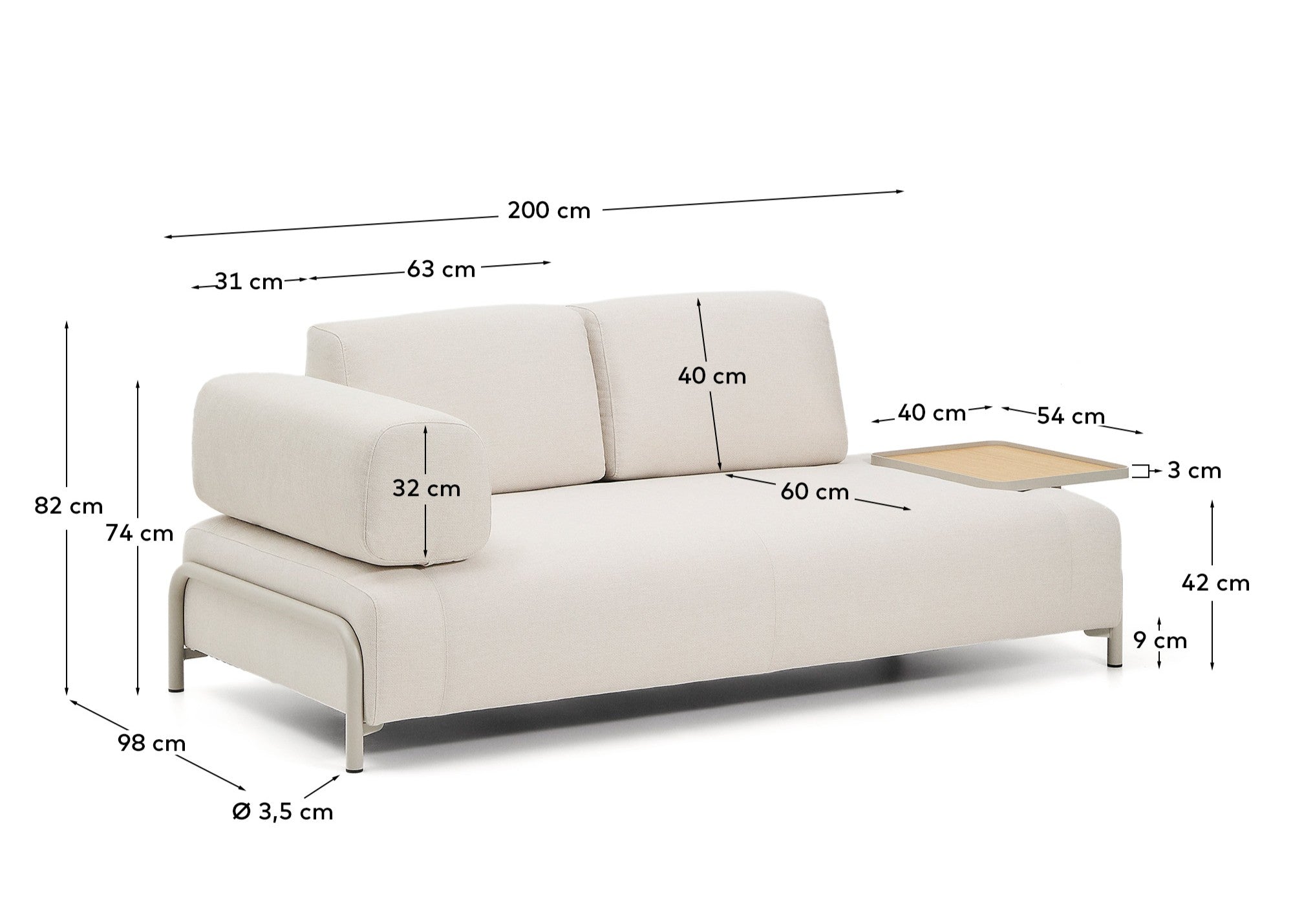 Compo 2-seater sofa in ecru chenille, large oak veneer tray table and beige metal frame 200 cm FSC Mix Credit - Measurements