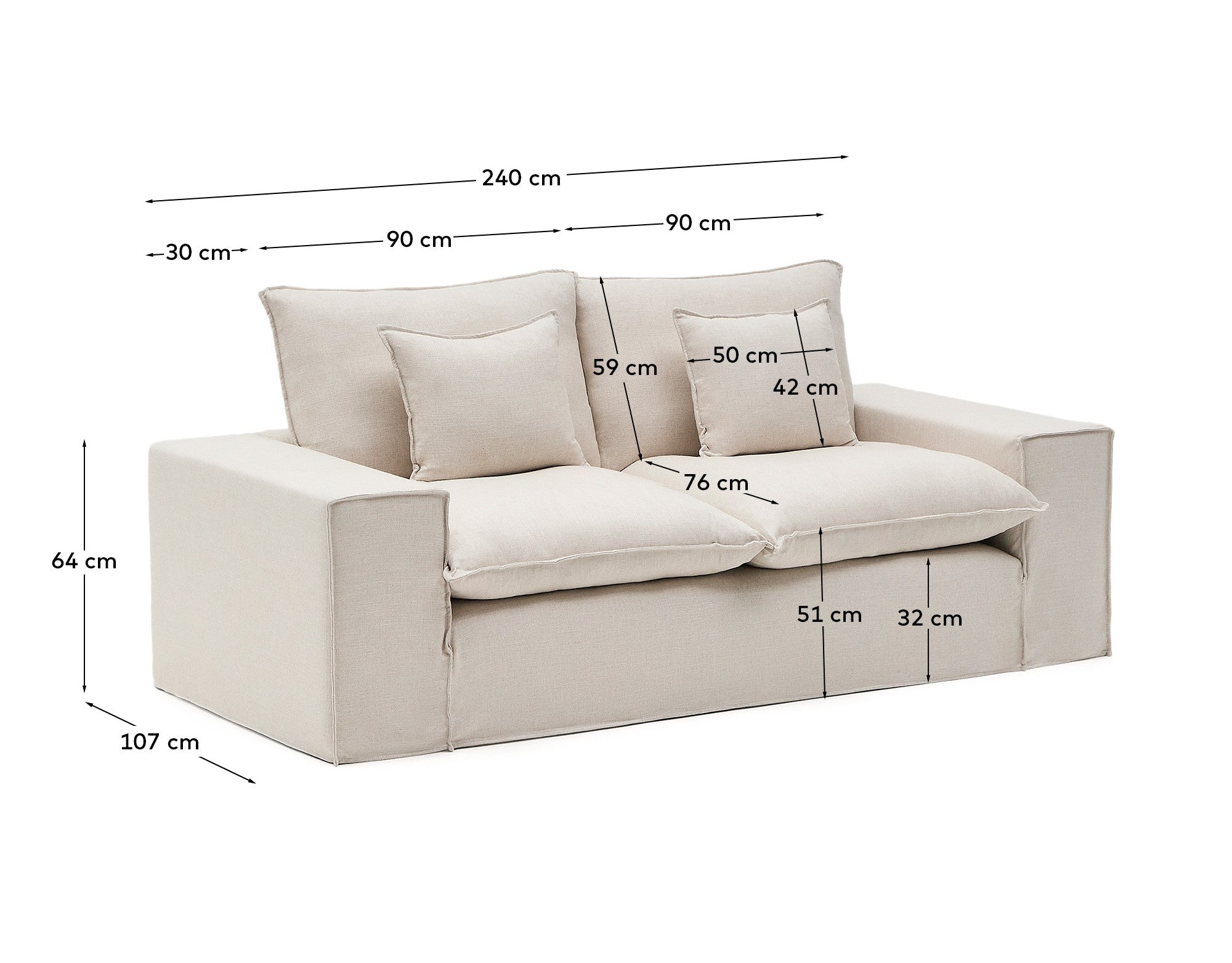 Anarela beige linen 2-seater sofa with removable cover and cushions 240cm - Measurements