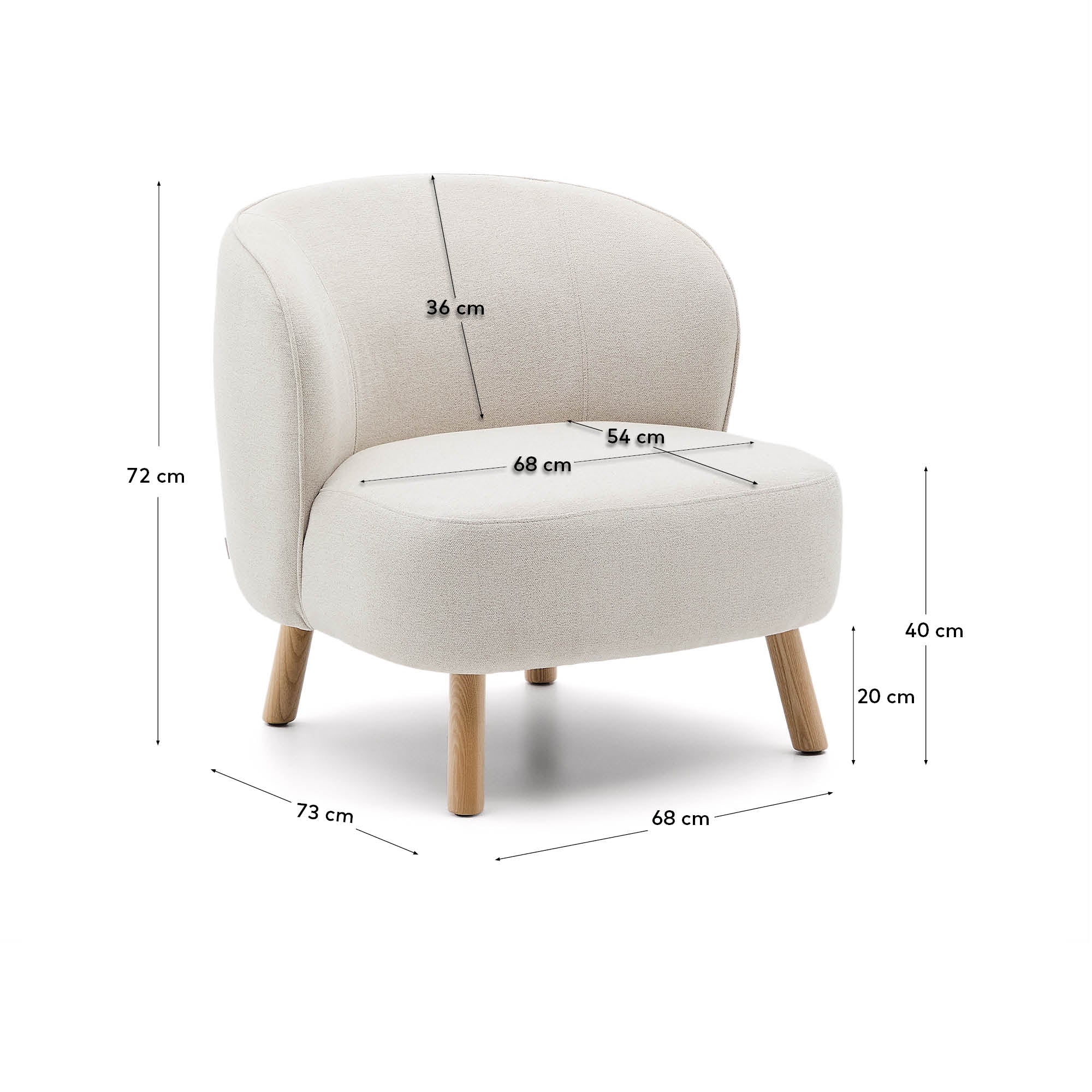Ulit armchair in beige chenille with solid beech wood legs in a natural finish - Measurements