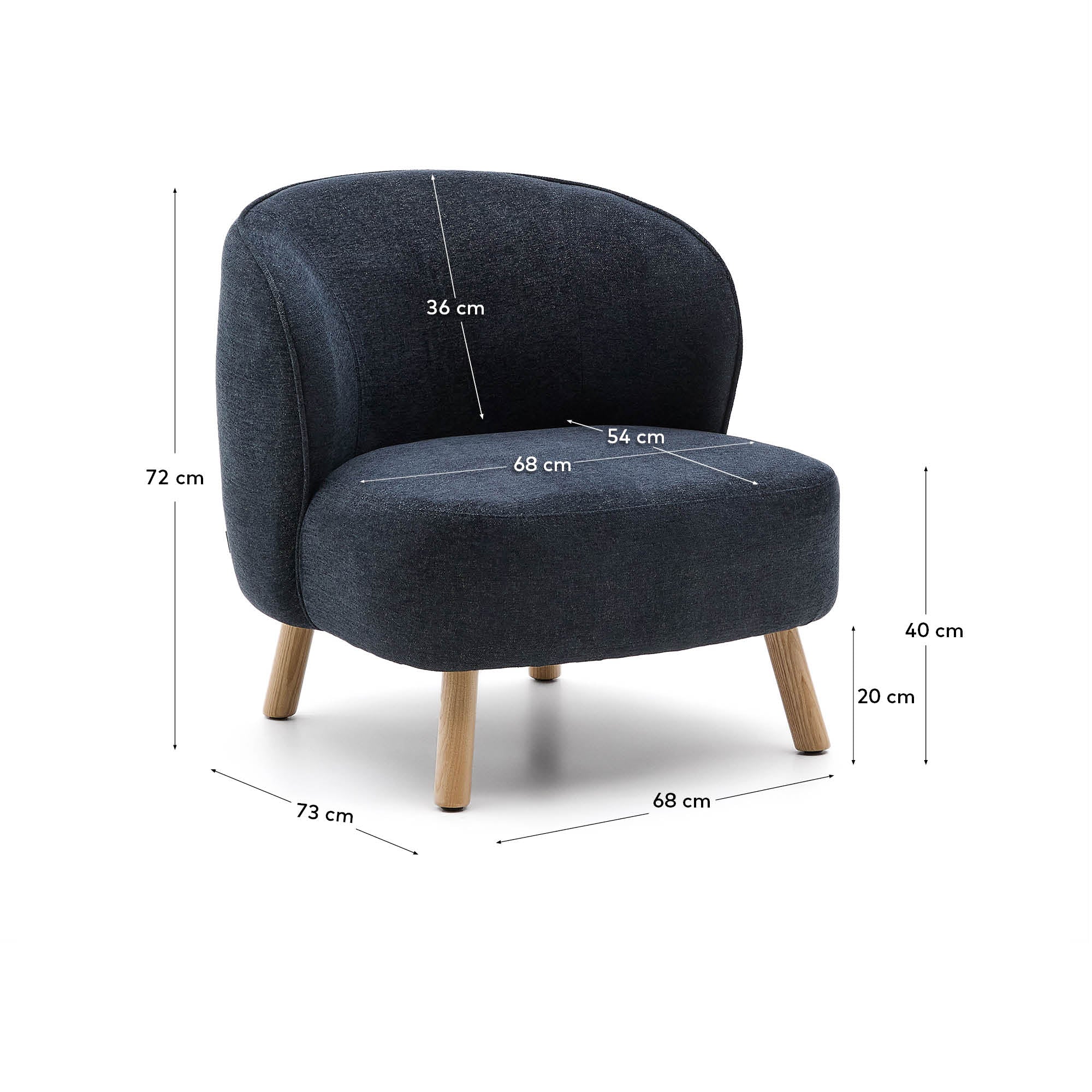 Ulit armchair in blue-grey chenille with solid beech wood legs in a natural finish - Measurements