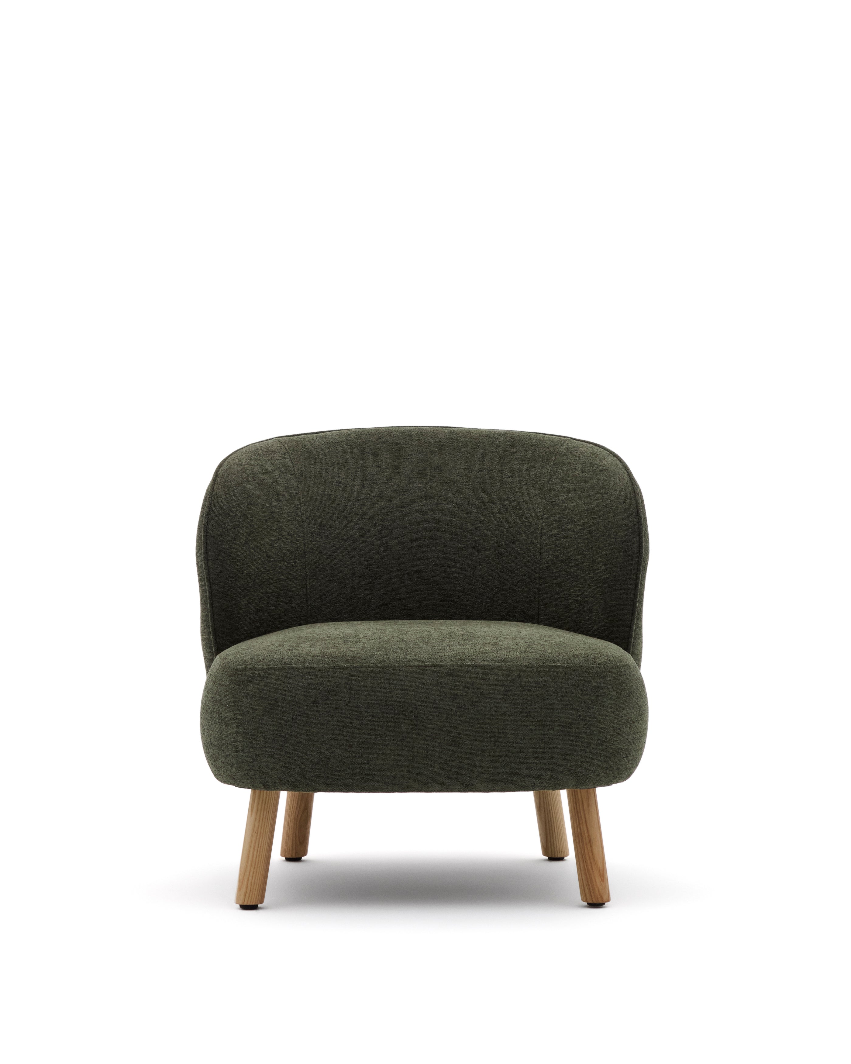 Ulit armchair in green chenille with solid beech wood legs in a natural finish - Product Image