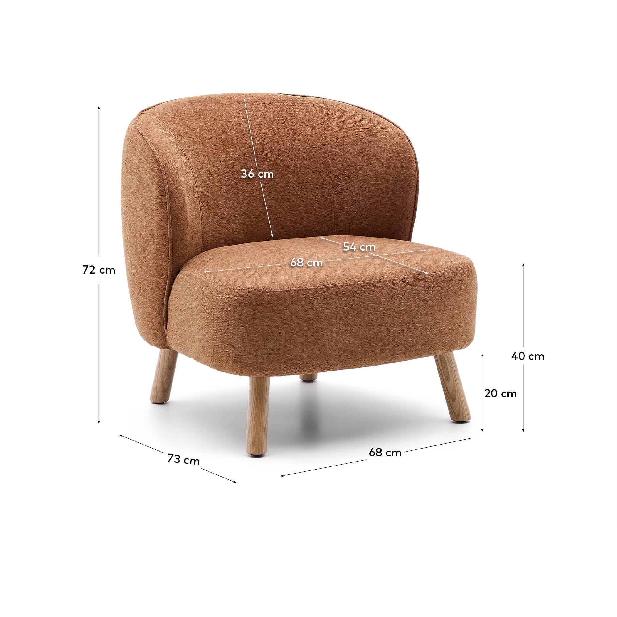 Ulit armchair in terracotta chenille with solid beech wood legs in a natural finish - Measurements