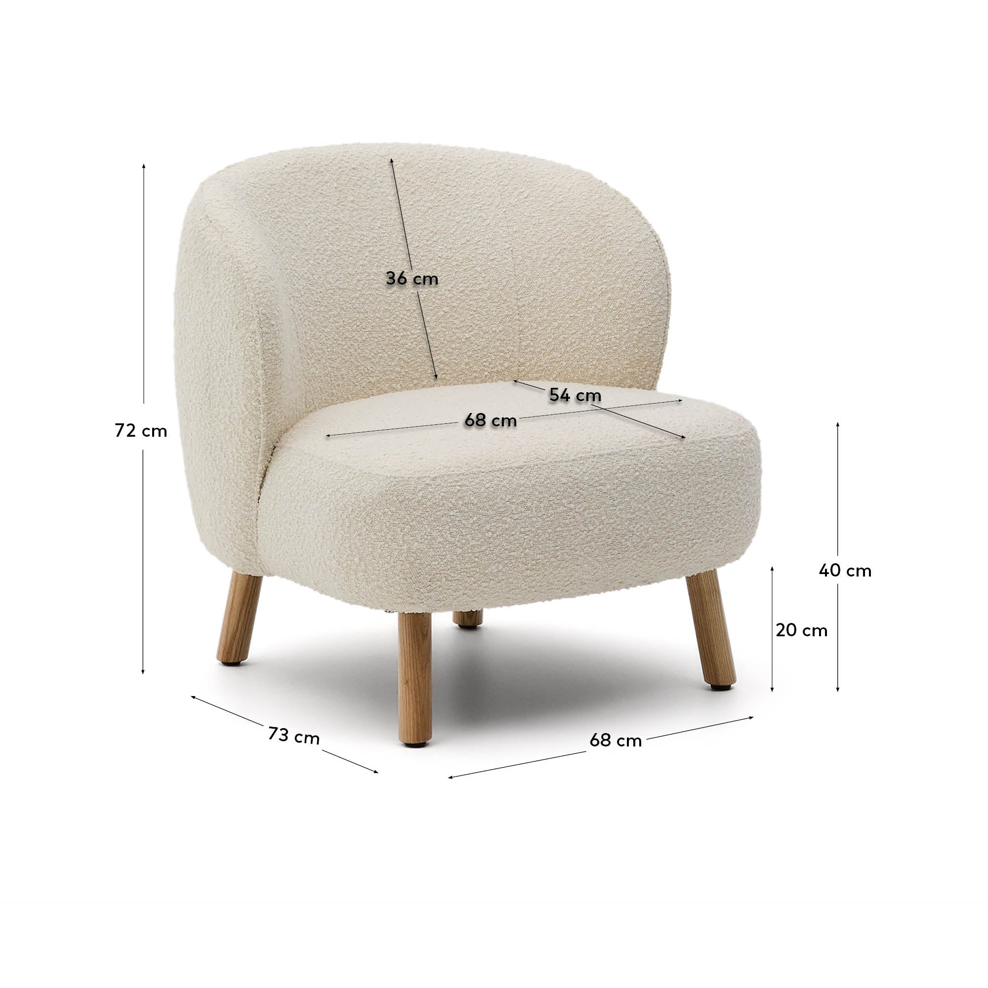 Ulit armchair in white bouclé with solid beech wood legs in a natural finish - Measurements