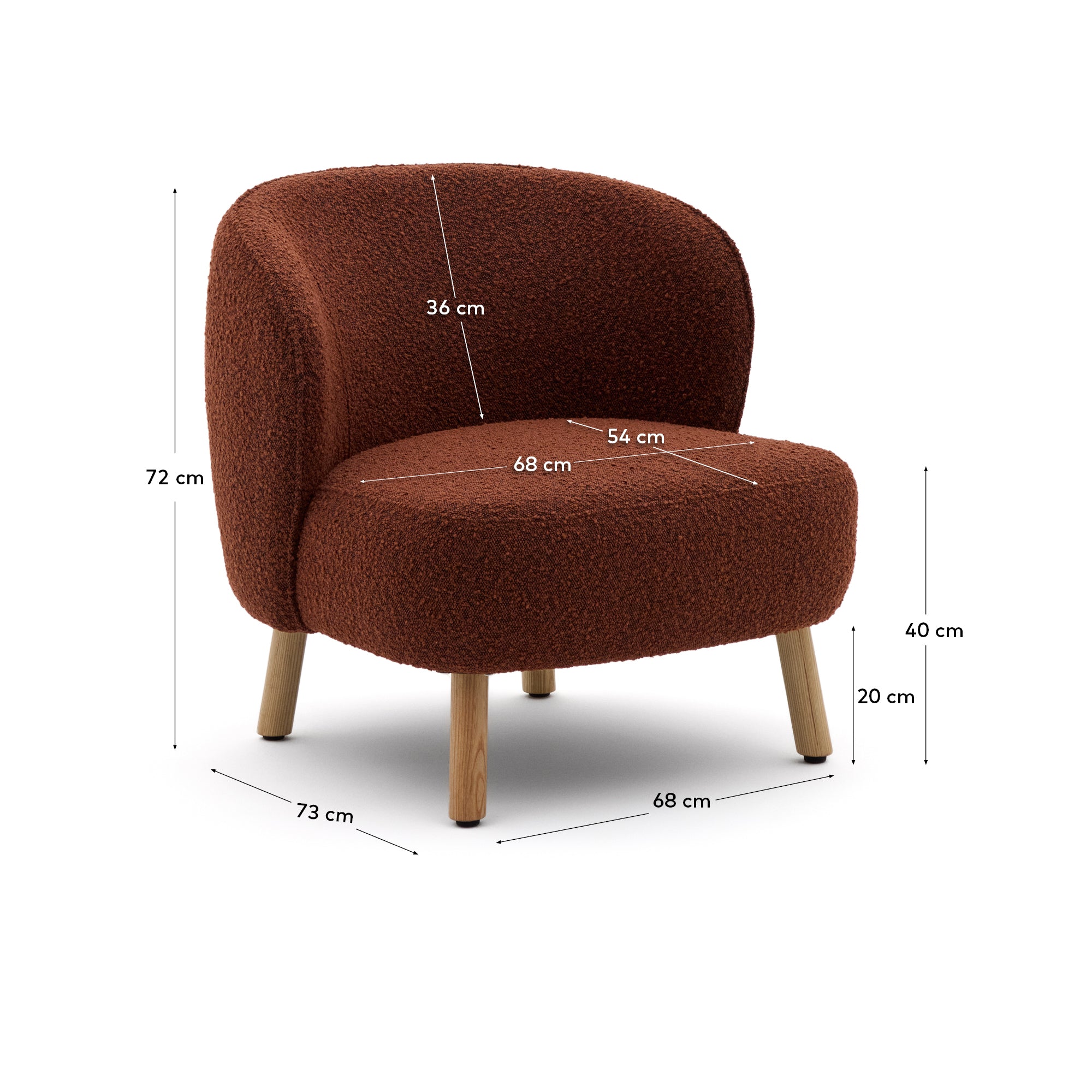 Ulit armchair in terracotta bouclé with solid beech wood legs in a natural finish - Measurements