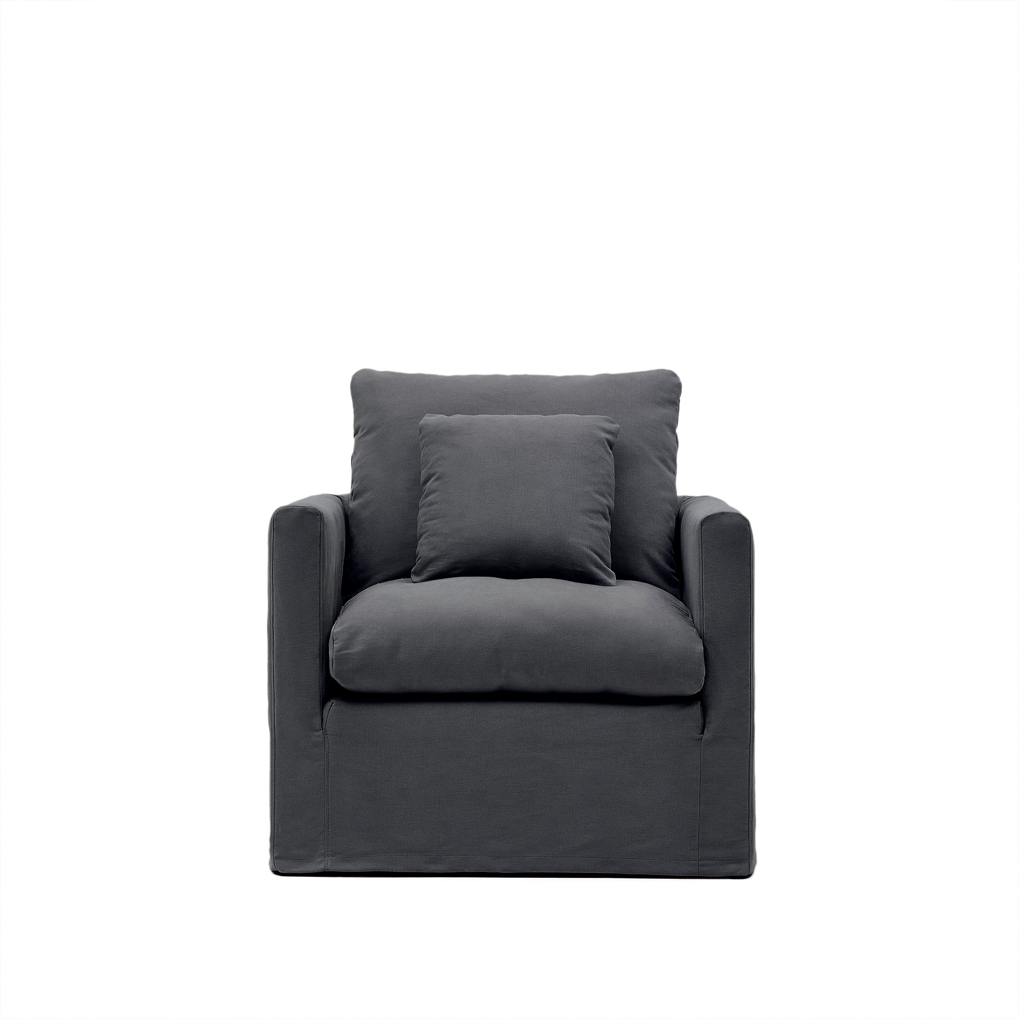 Nora armchair with removable cover and anthracite gray canvas and cotton cushion 92 cm