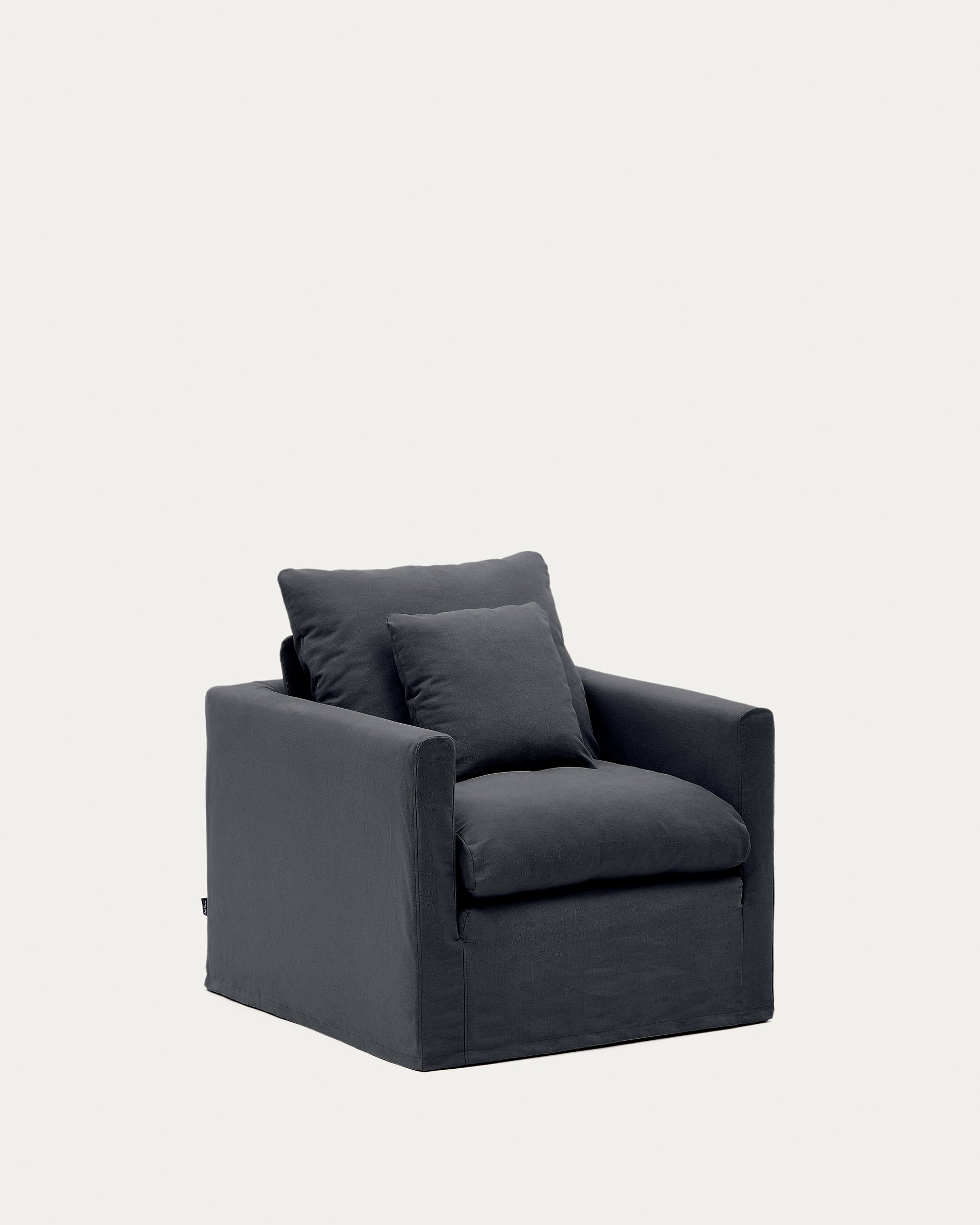 Nora armchair with removable cover and anthracite gray canvas and cotton cushion 92 cm