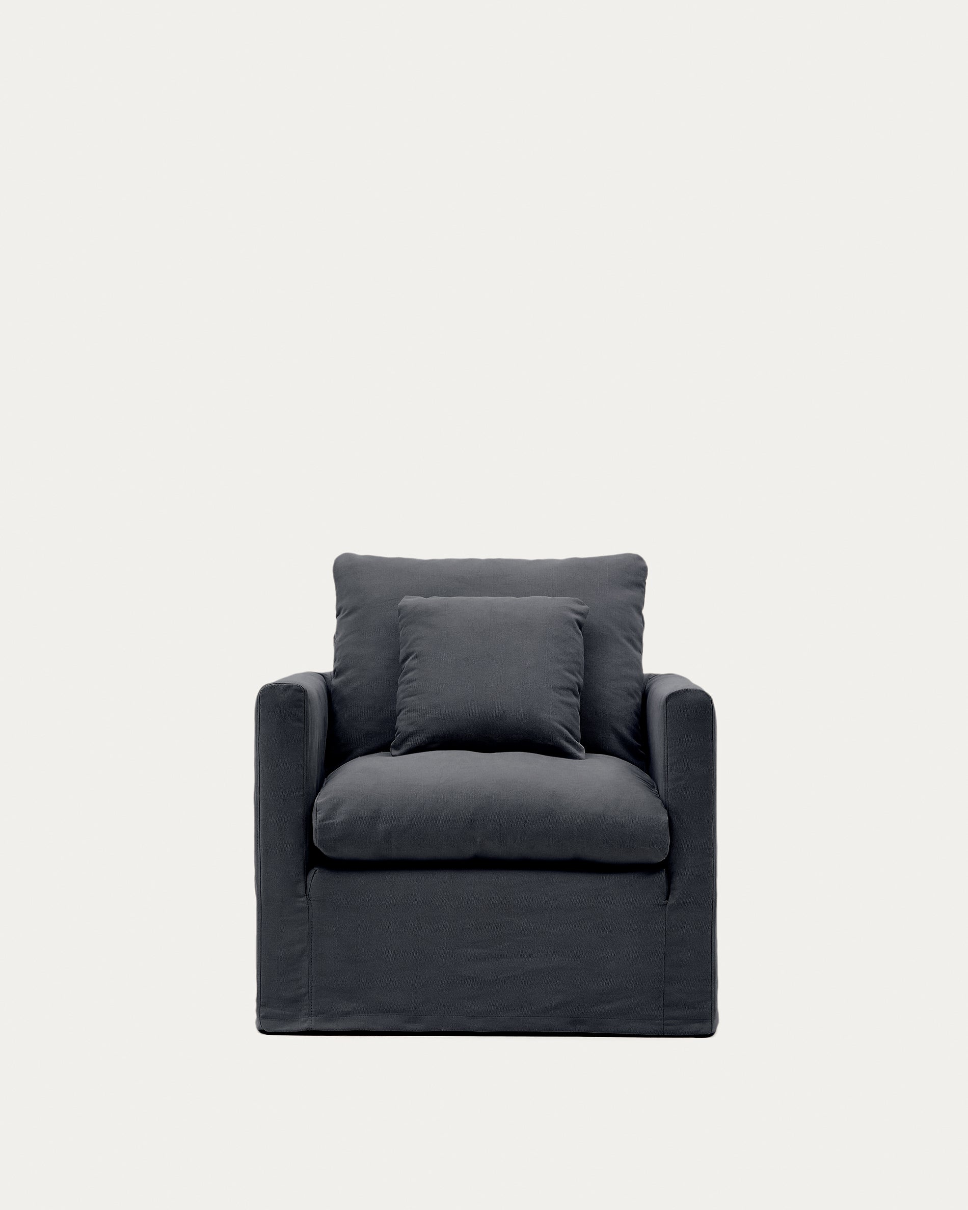 Nora armchair with removable cover and anthracite gray canvas and cotton cushion 92 cm