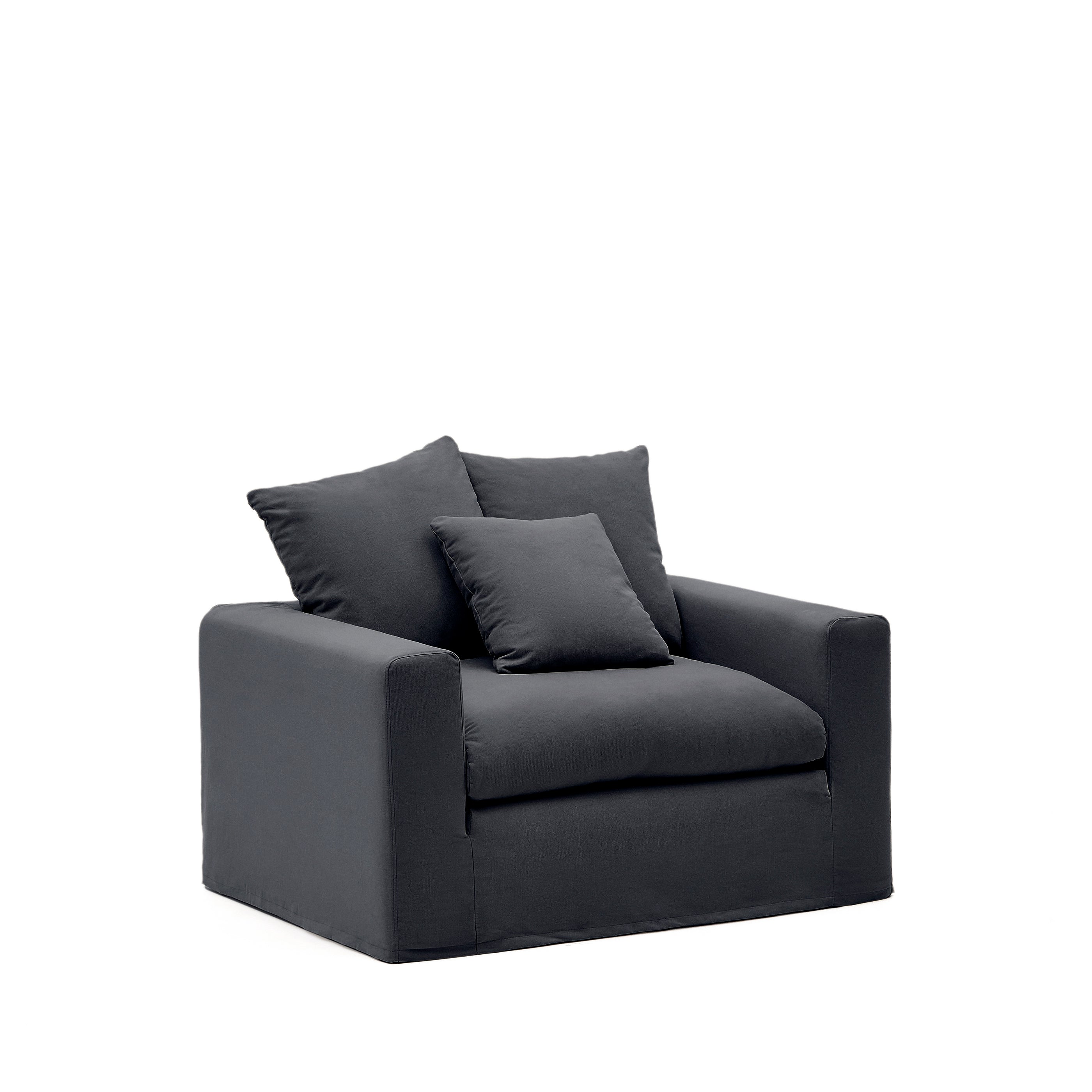 Nora armchair with removable cover and gray anthracite canvas and cotton cushion 140 cm