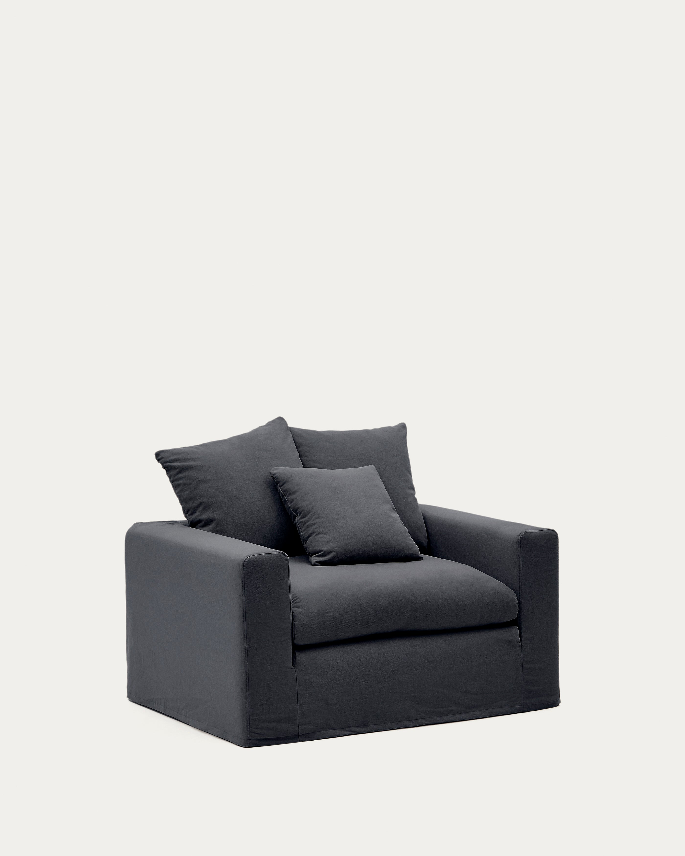 Nora armchair with removable cover with linen and cotton cushion in anthracite grey 140cm - Product Image