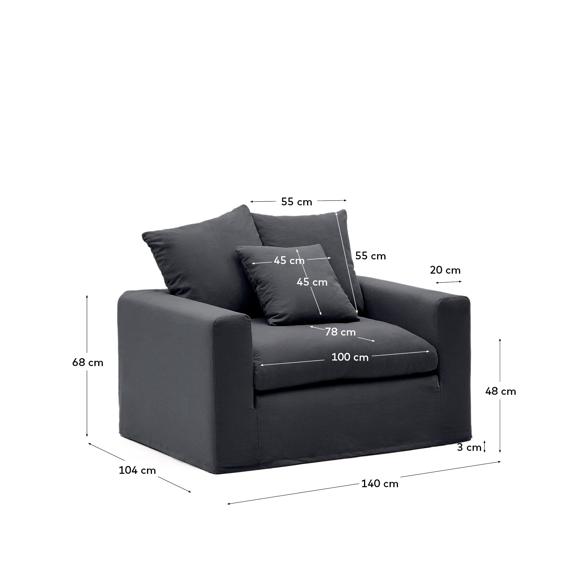 Nora armchair with removable cover with linen and cotton cushion in anthracite grey 140cm - Measurements